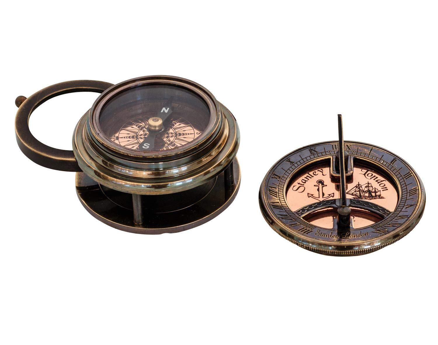 Bussola marittimo 8cm compasso nave orologio solare cuoio stile antico replica