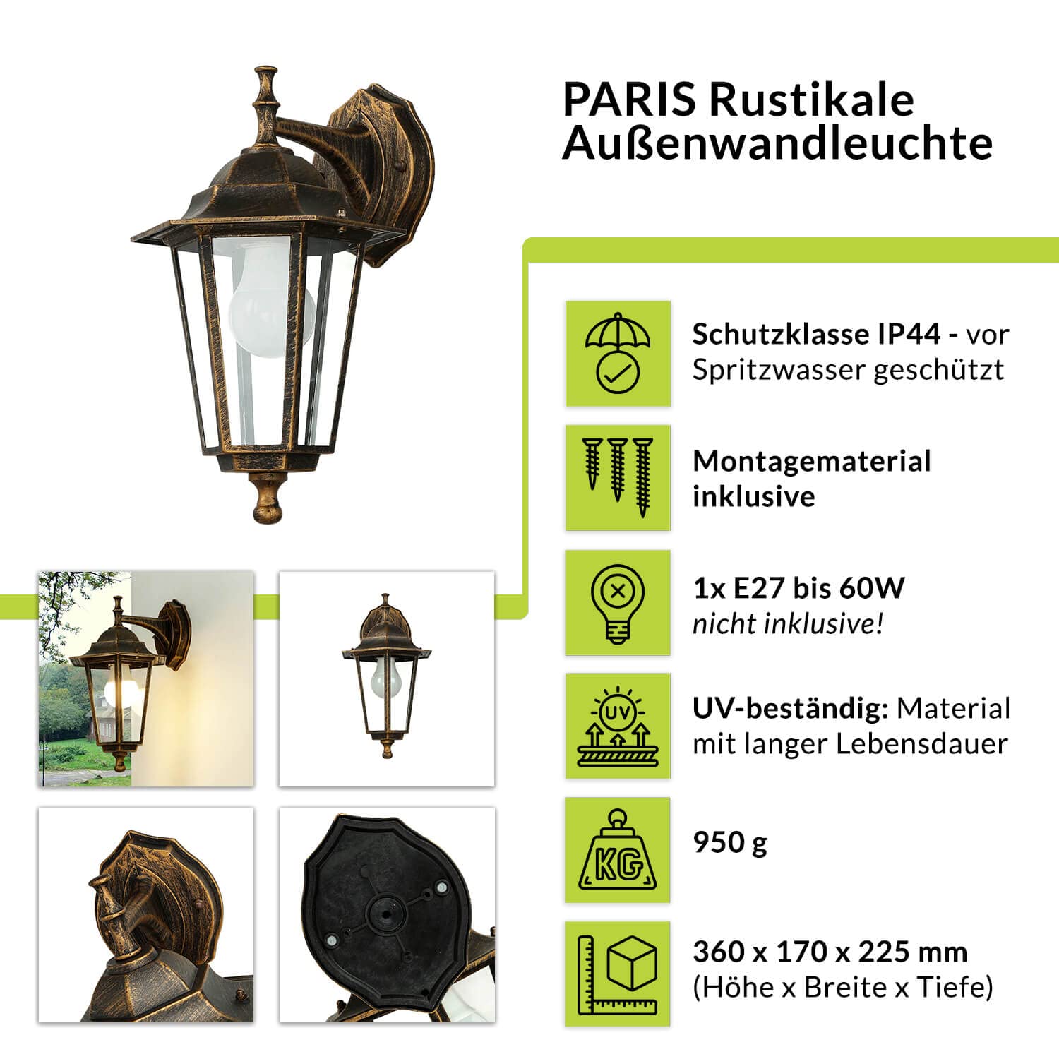 Licht-Erlebnisse Außenwandlampe Glas Aluminium in Kupfer Antik IP44 Haustür Terrasse B:17 cm E27 Rustikale Laterne nostalgische Außenleuchte Garten PARIS