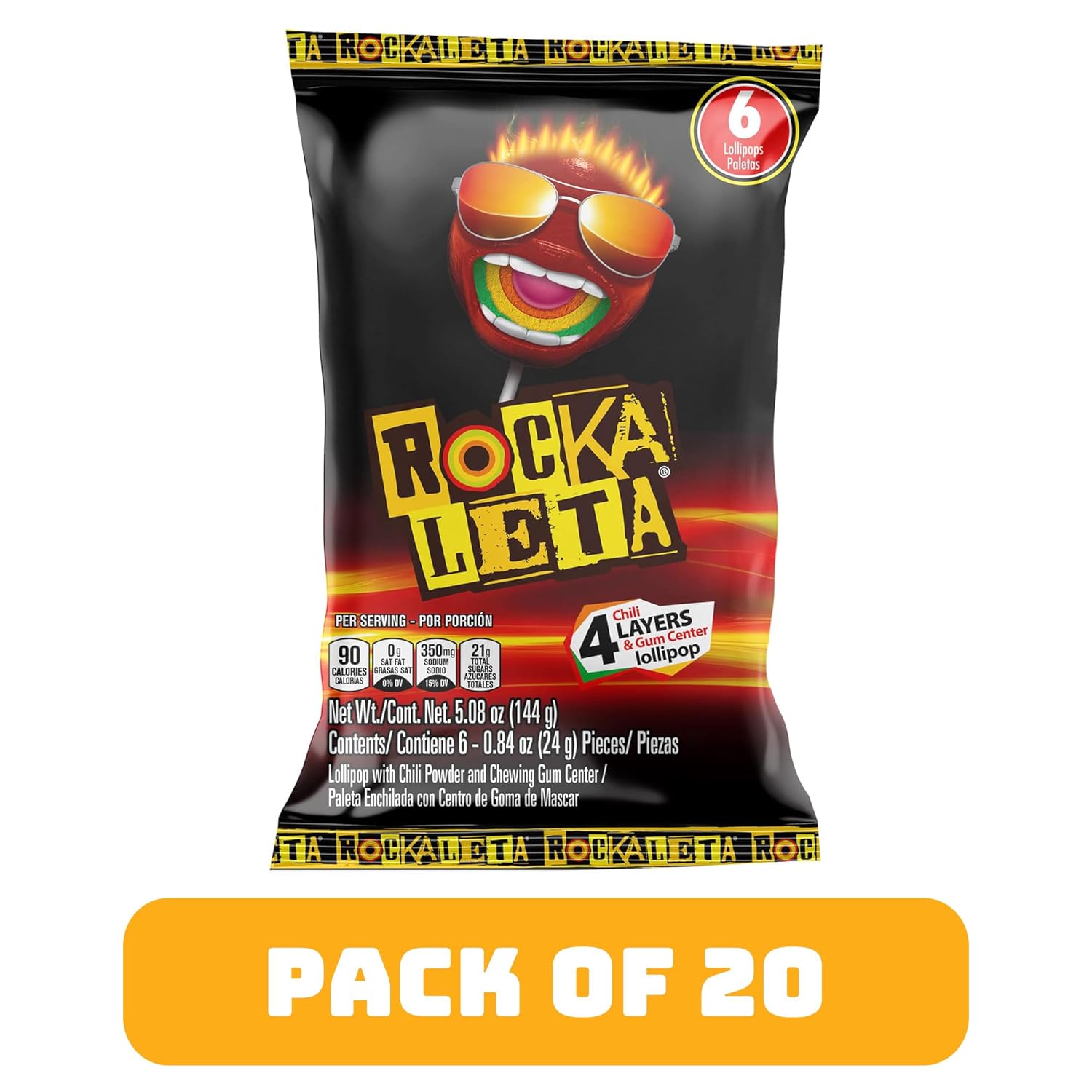 Sonrics Rockaleta Peg, Bubble Gum Lollipops with Chili Layer, 5.08 oz (Pack of 20)