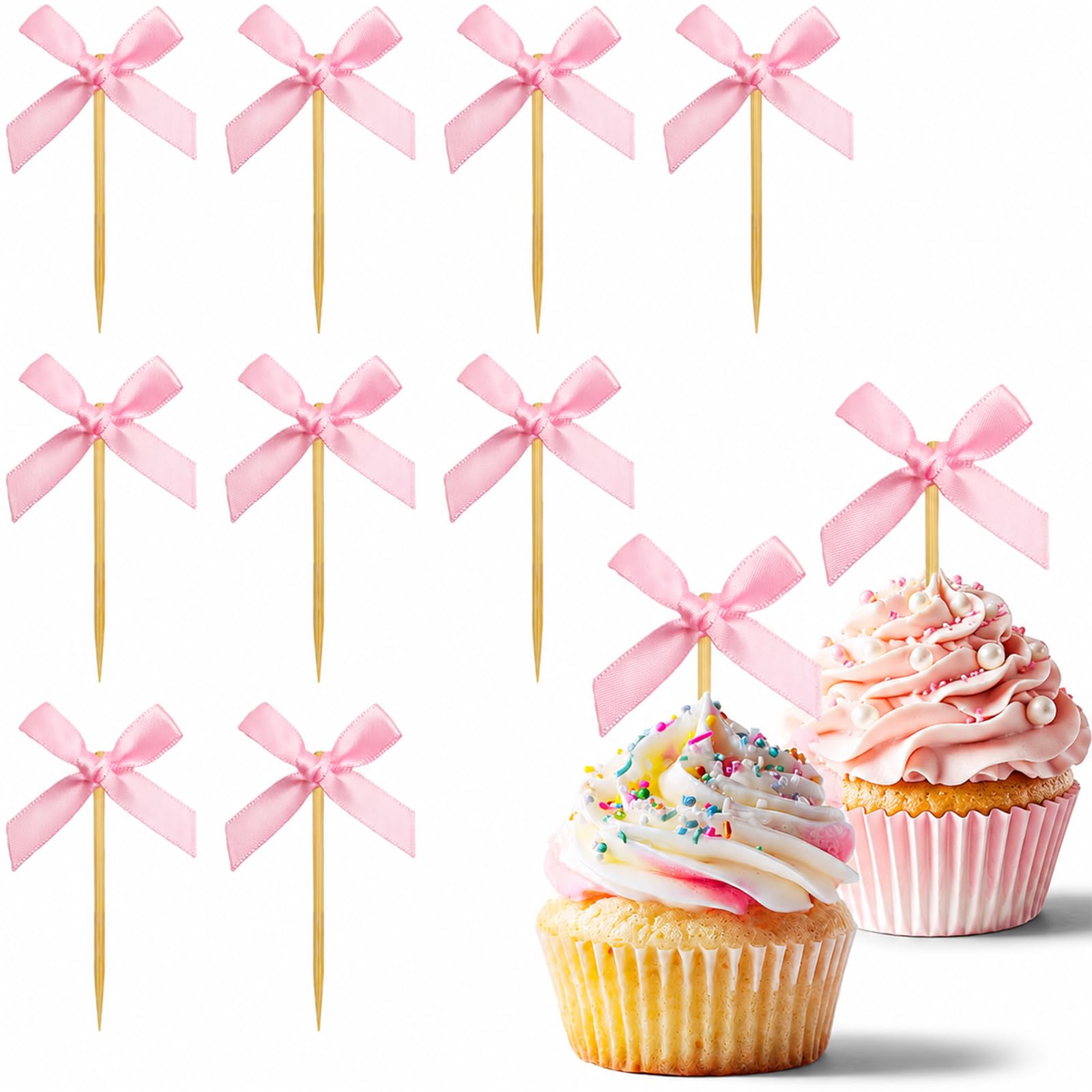 Aribliseza 40 Rosa Butterfly Bow Cupcake Toppers, Cake Decorations for Girls Birthday