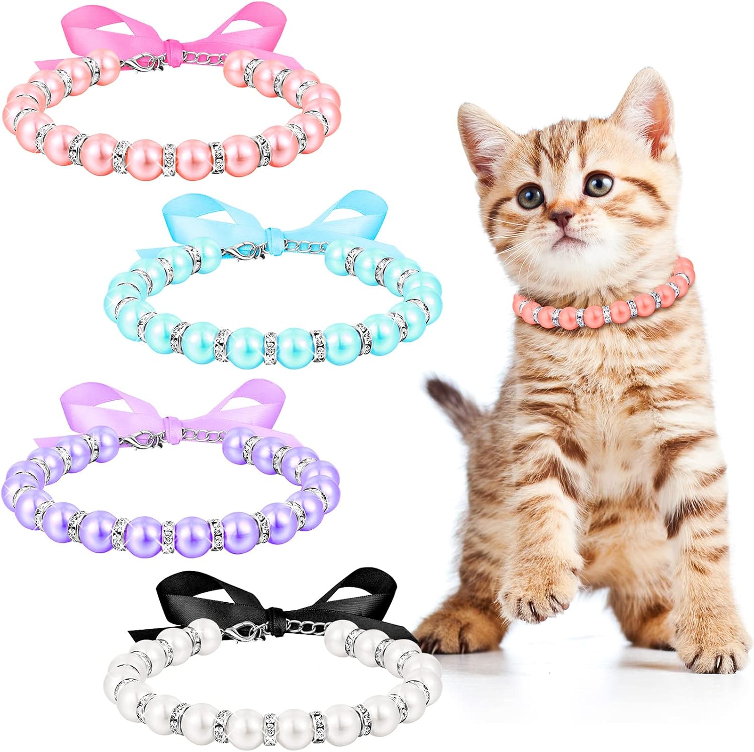 4 Pieces Pearls Dog Necklace Collar Jewelry with Bling Rhinestones Pet Wedding Collar for Pets Cats Small Dogs Costume Outfits, S