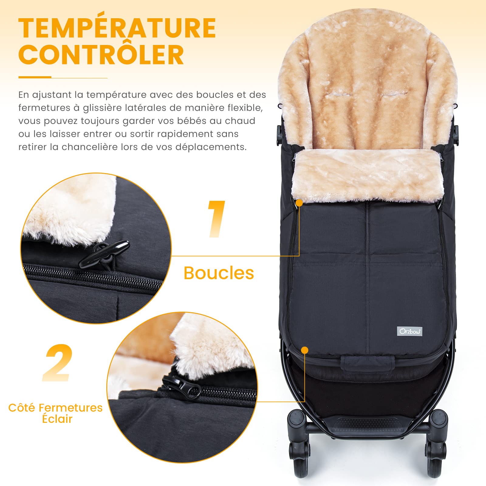 Orzbow Chanceliere Bebe Poussette, Fausse Peau d'agneau, Chanceliere Universelle pour Poussette avec Fermeture Éclair, Amovible et Imperméable, Lavable en Machine (Noir)