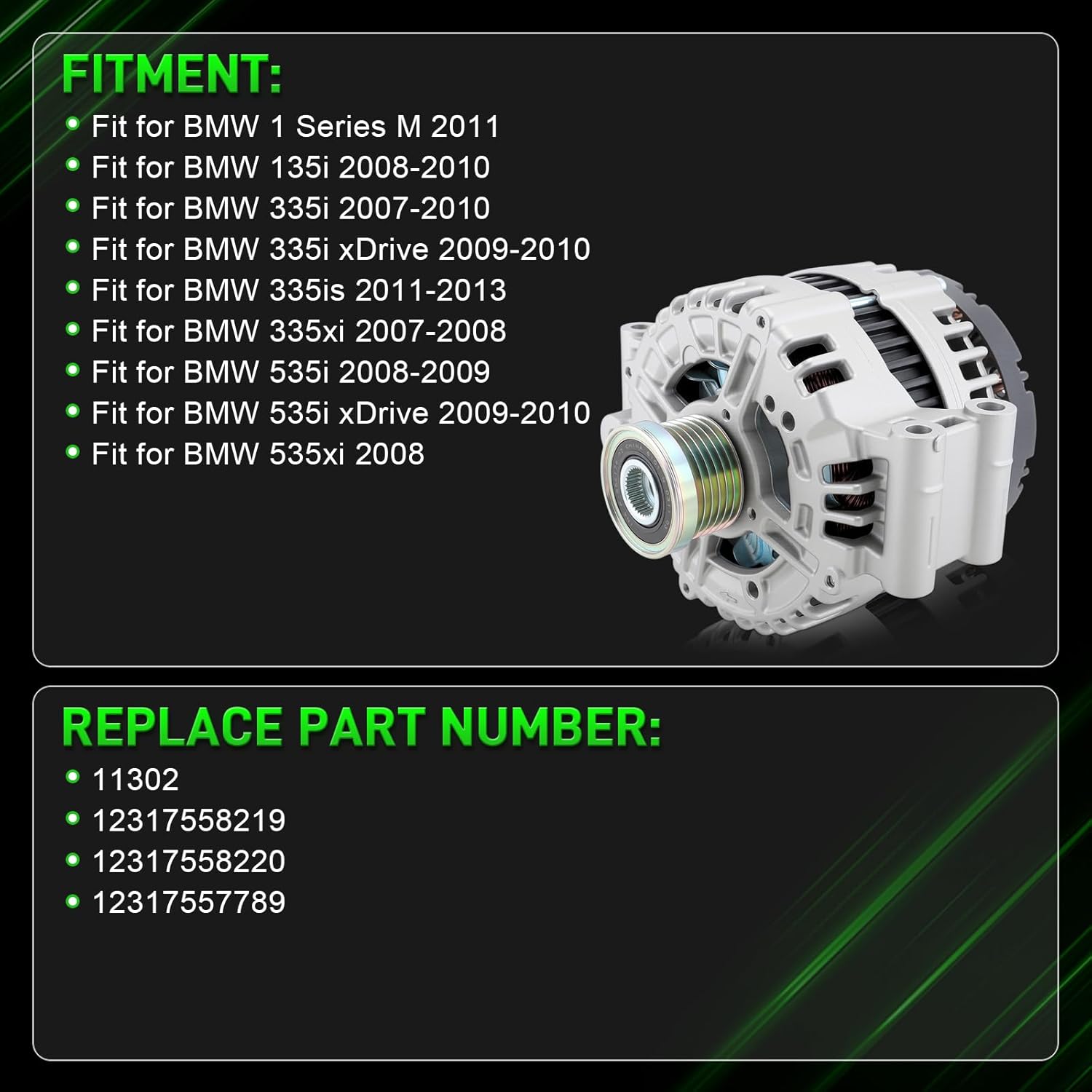 11302 Alternator Fit for BMW 135i 335i 335is 335xi 535i 535xi xDrive 2007-2013 180A 12V CW 7-Groove Clutch Pulley 12317558219 12317558220 12317557789
