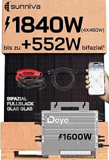 SUNNIVA® 1840W Balkonkraftwerk mit 1600W Wechselrichter DEYE, BIFAZIAL FULLBLACK komplett Steckdose, PV Solaranlage Komplettset mit 5m Anschlusskabel und 4x2.5m Solarkabel, 4x 460W N-Type Glas-Glas