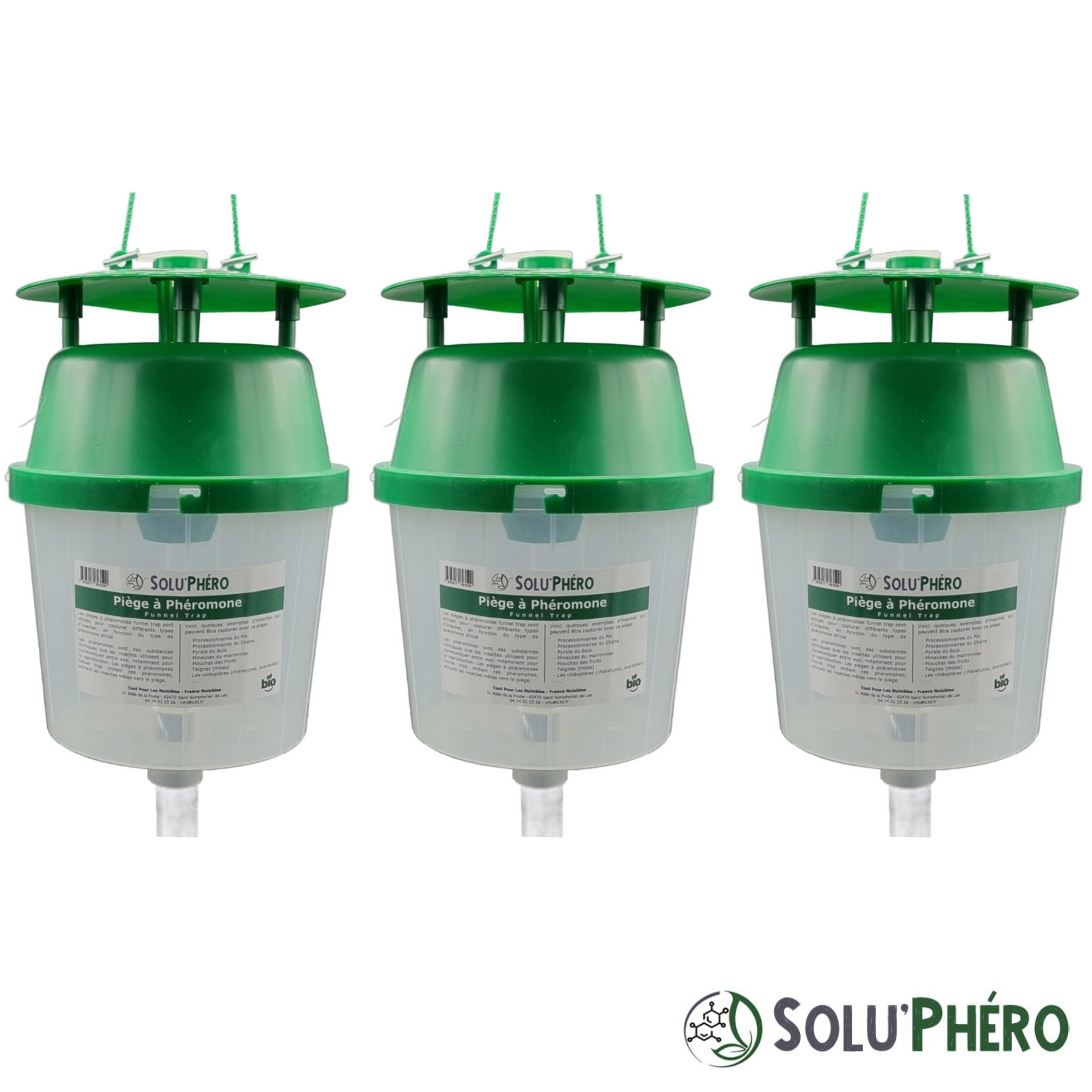 Lot de 3 Pièges à Phéromones Funnel Trap, SOLU'PHERO – Piège Papillons Lépidoptères – Usage Jardin & Vergers – Piège Réutilisable à Suspendre ou sur Pied – sans Phéromone