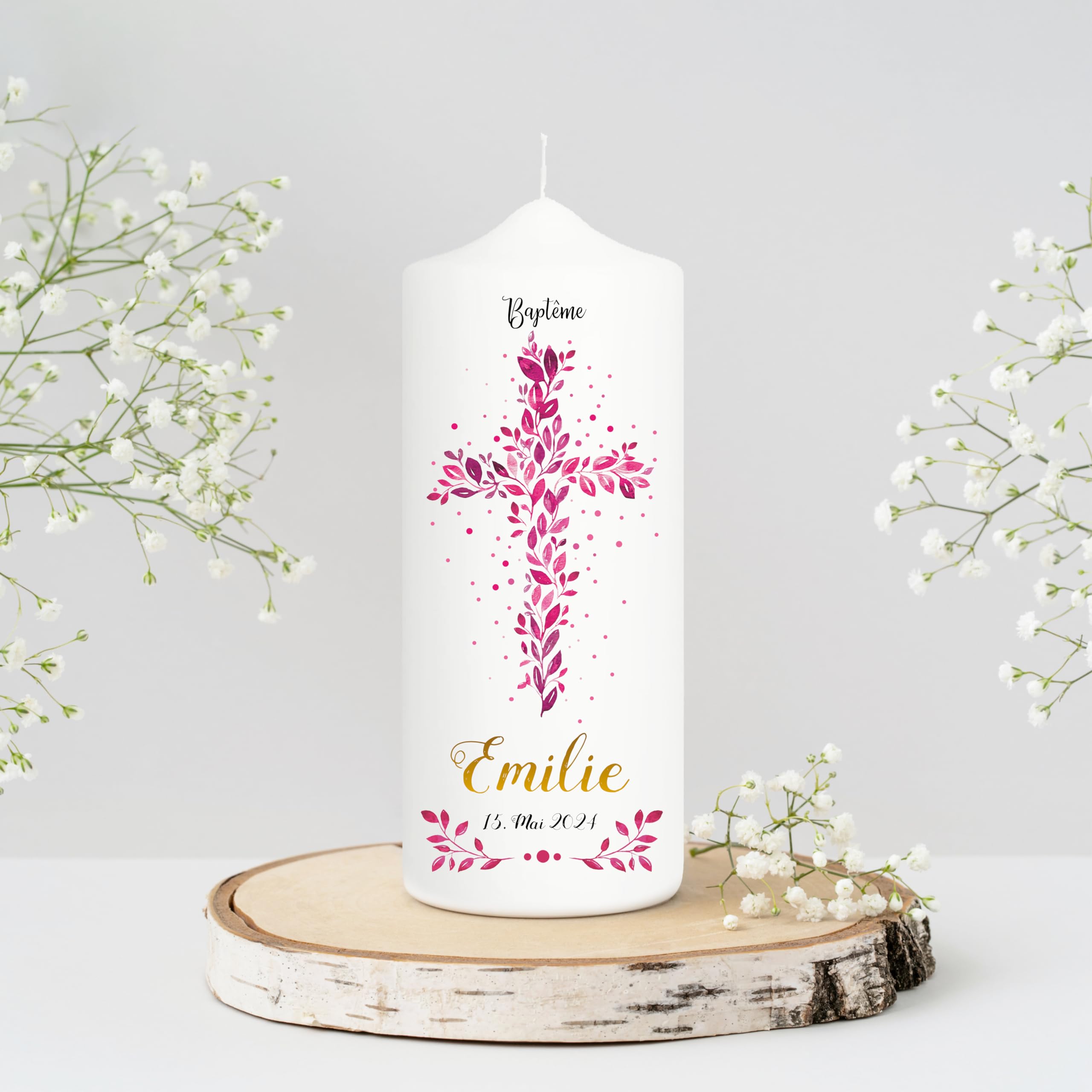 Bougie Baptême personnalisée Fille motif Croix florale rose – Cierge Baptême avec prénom et date – Cierge de parrainage – Bougie imprimée – Cadeau parrain marraine – 18 x 7 cm