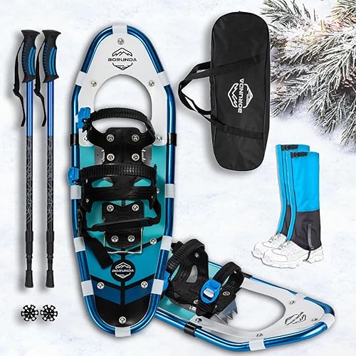 BORUNDA 4-in-1 Lightweight Terrain Snowshoes Set for Men Women Youth Kids, Light Weight Aluminum Alloy Terrain Snow Shoes with Trekking Poles,Waterproof Snow Leg Gaiters and Carrying Tote Bag Light weight Snow Shoes Easy to Wear