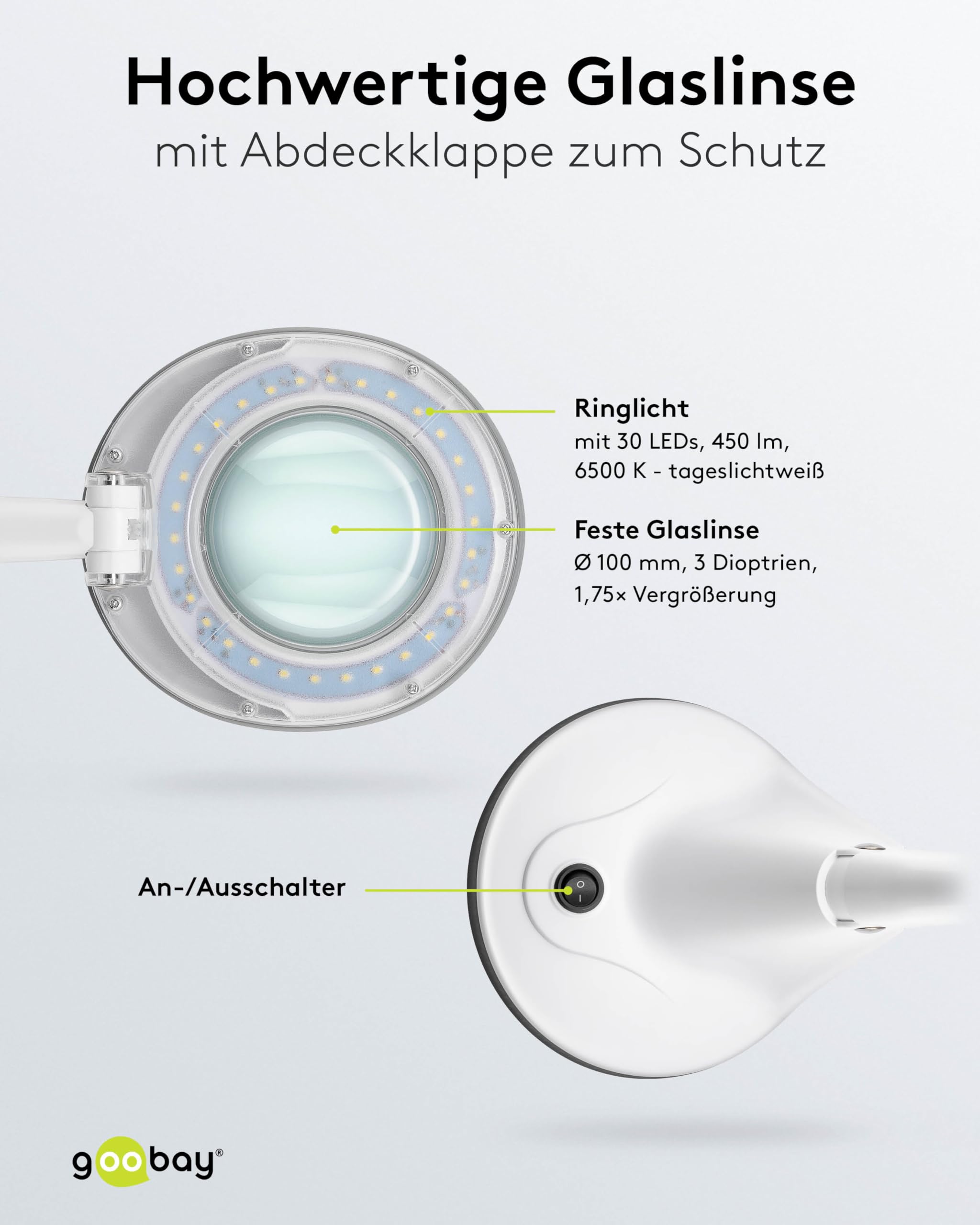 goobay 60366 LED Lupenleuchte/Lupenlampe mit Standfuß/Standlupe mit Licht / 6 W Leistungsaufnahme/Farbtemperatur 6500 K/Lichtstrom 450 lm/Betriebsspannung 230 V (AC) / Weiß