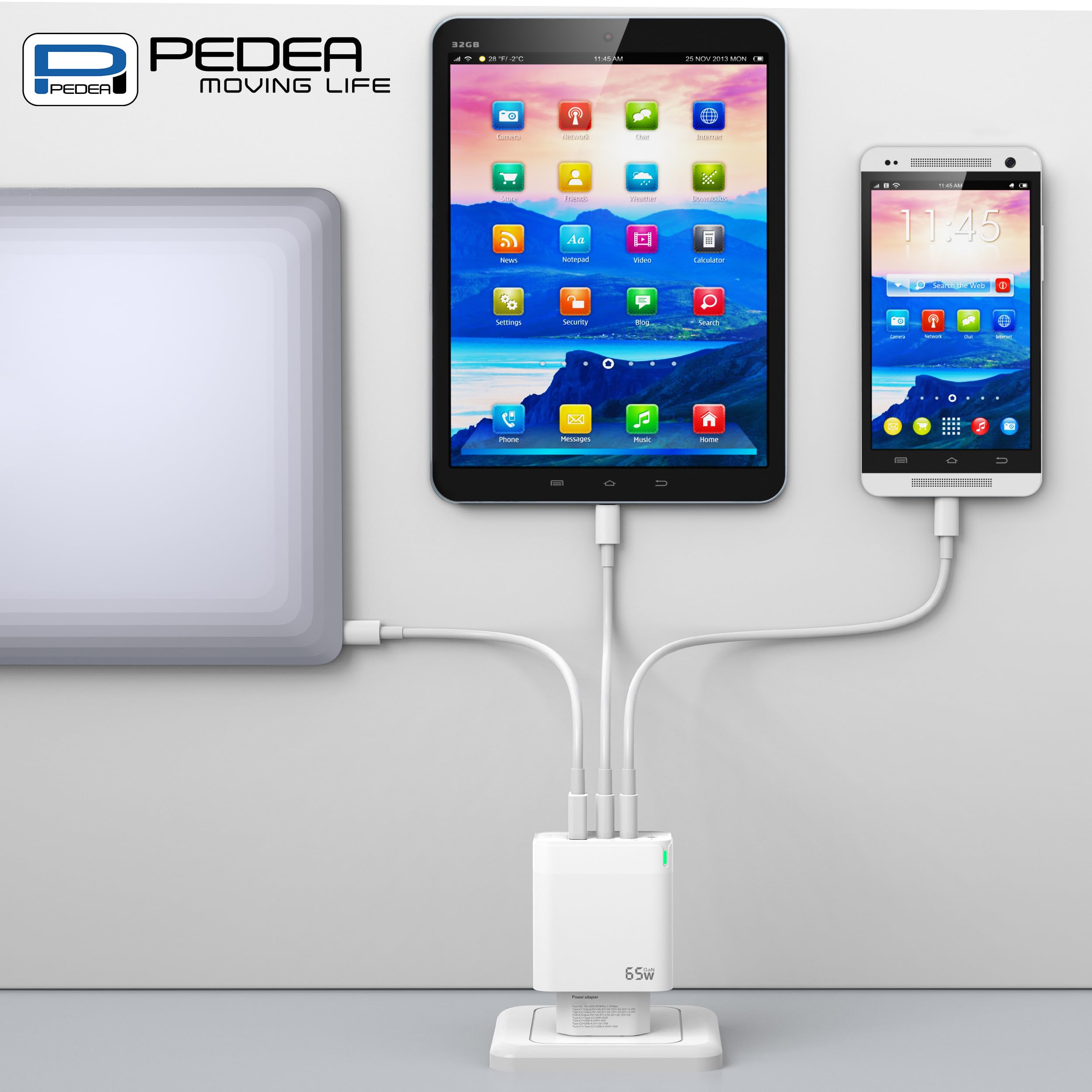 Pedea 65W USB-C (PD) Schnellladegerät - 3-Ports GaN Mehrfach Handy-Ladegerät mit USB-C und USB-A, weiß