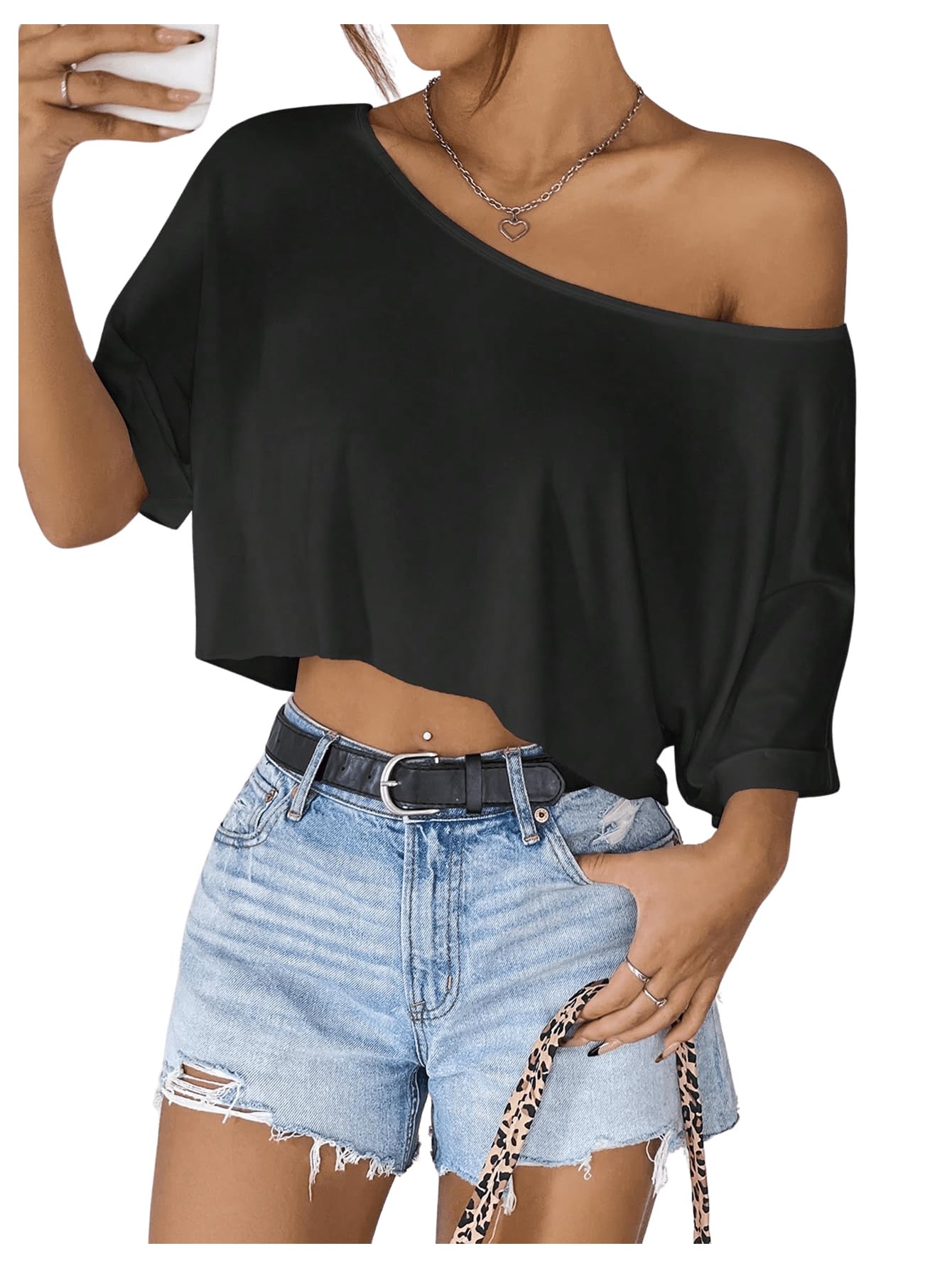 SweatyRocks Women's Asymmetrical Neck Cropped T Shirts Dolman Short Sleeve Loose Cold Shoulder Tops