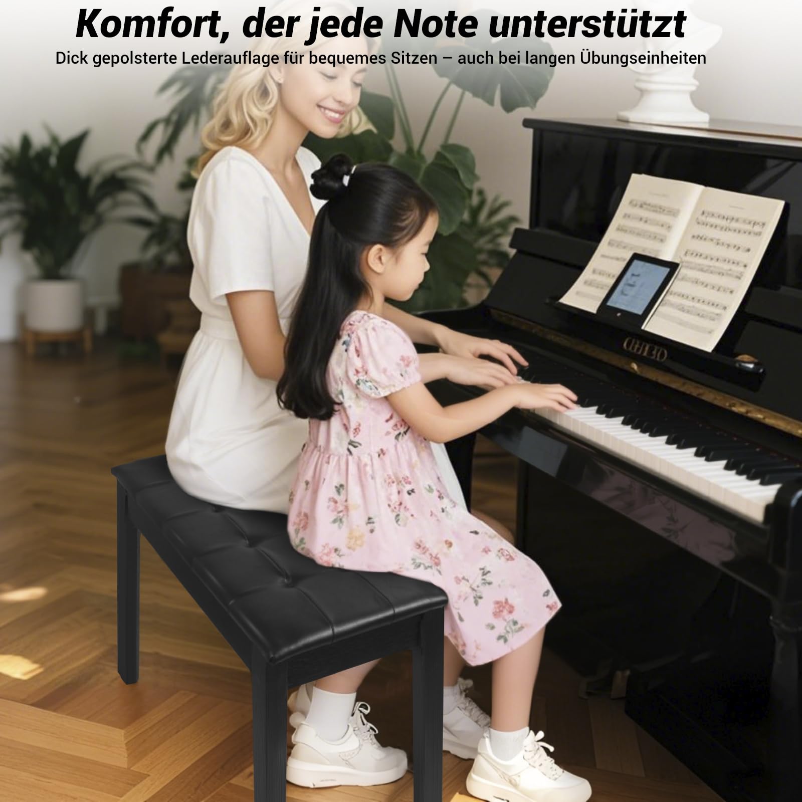 SUNDOY 75 cm Klavierbank aus Massivholz – Schwarzer Klavierhocker mit Weichem Sitzkissen – Modernes, minimalistisches Design, Korrosionsbeständig & Stabil – Für E-Piano & Keyboard, Schwarzer