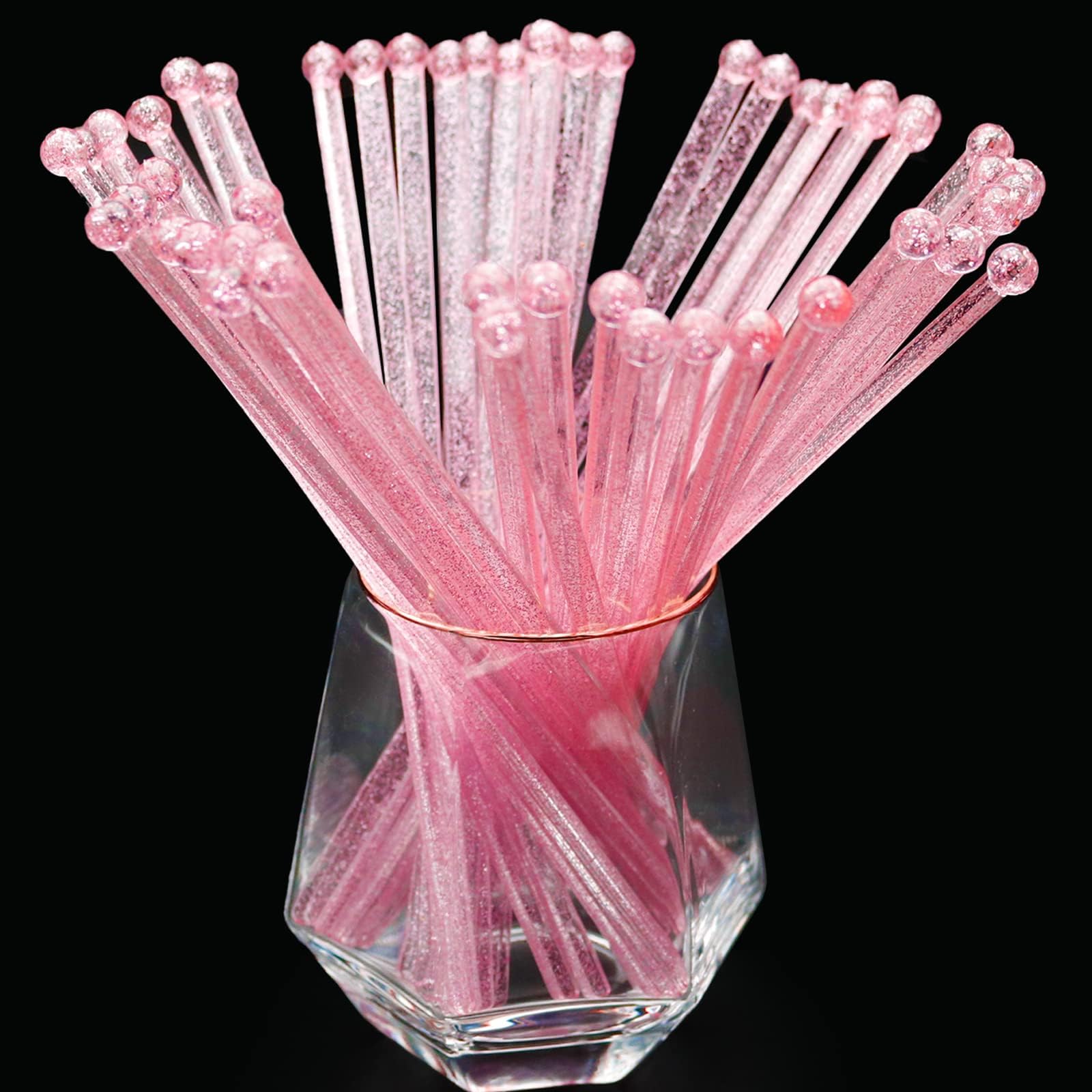 hapray 50-PCS Pink Glitter Plastic Swizzle Sticks, Crystal Cake Pops, Cocktail Coffee Drink Stirrers, Lolipop Stick, for Valentines Day Christmas Party, 7.24 Inch