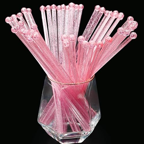 50 palitos de plástico con purpurina rosa, paletas de cristal, agitadores de bebidas de café, palitos de piruleta, para el día de San Valentín,