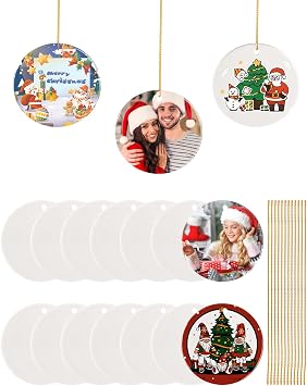 12 PCS Sublimation Ceramic Ornaments - White 2.75 Inch Round Blanks Porcelain Ornament, Christmas Ornament with Gold Hanging String for DIY Crafting Personalized Home Decor