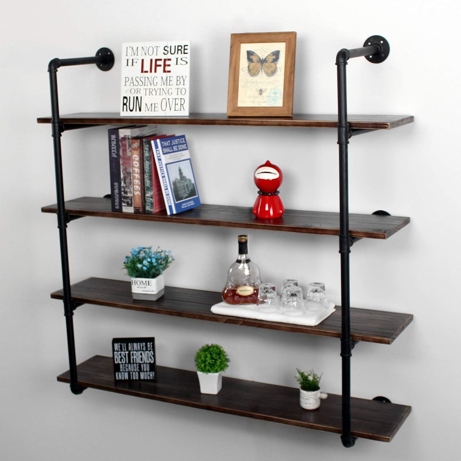 Tор Rаtеd MBQQ Industrial Retro Pipe Shelf 44in 4 Tier Wall Mounted,Rustic Floating Shelves,Farmhouse Kitchen Bar Shelving,Home Decor Book Shelves,DIY Bookshelf Hanging Wall Shelves,Black