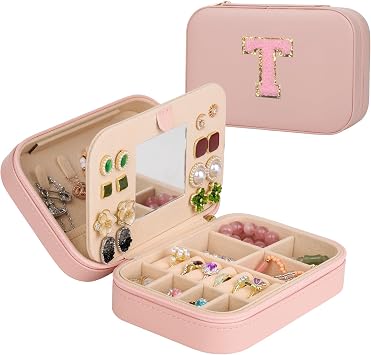 Travel Jewelry Case, Jewelry Box with Mirror, Jewelry Organizer Bridal Shower Gifts to Her, Earring Storage Travel Case, Trendy Gift for Women and Girls, Girlfriend-Letter T, Pink
