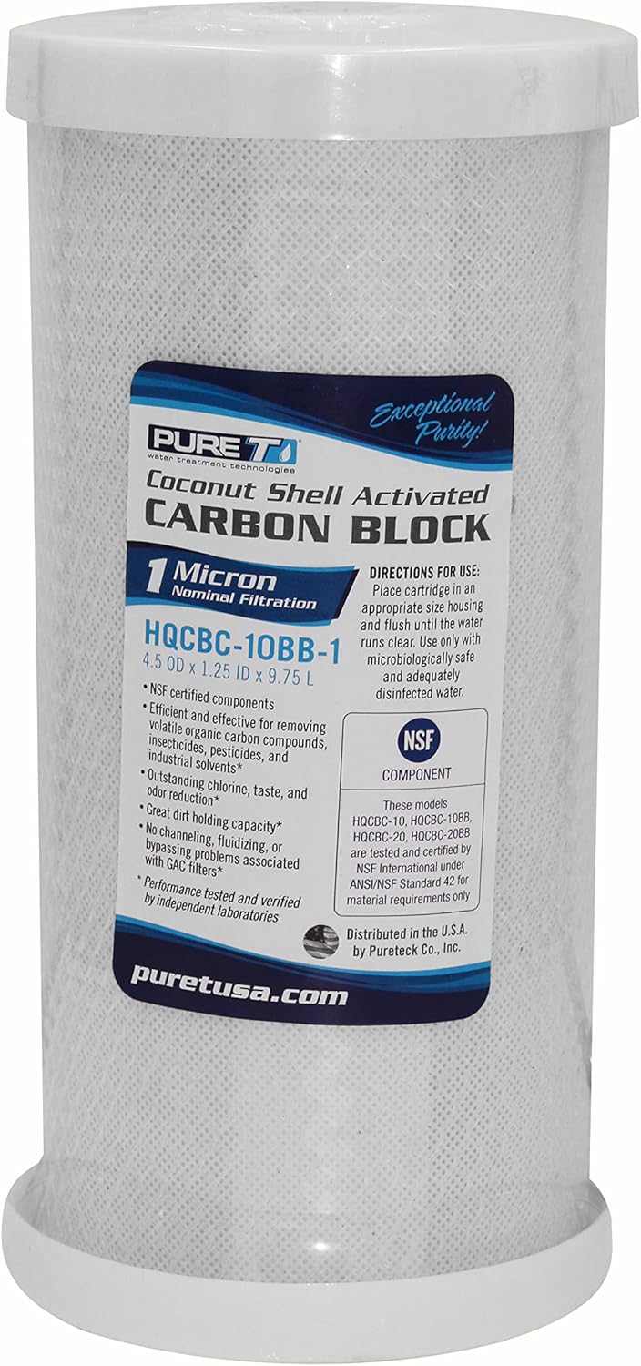 PureT HQCBC-10BB-10, 10x4.5" Coconut Carbon Block Filter - NSF Certified - Cononut Shell Activated Carbon removes Chlorine, Dirt and More (10 u Micron Rated)