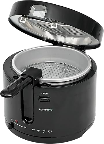 Freidora Eléctrica Profunda de Toque Frío Negro de 2.5 L  2.6 Qt 1200 W - Cesta con Gancho Antigoteo - Temperatura Ajustable - Tapa con Ventana de