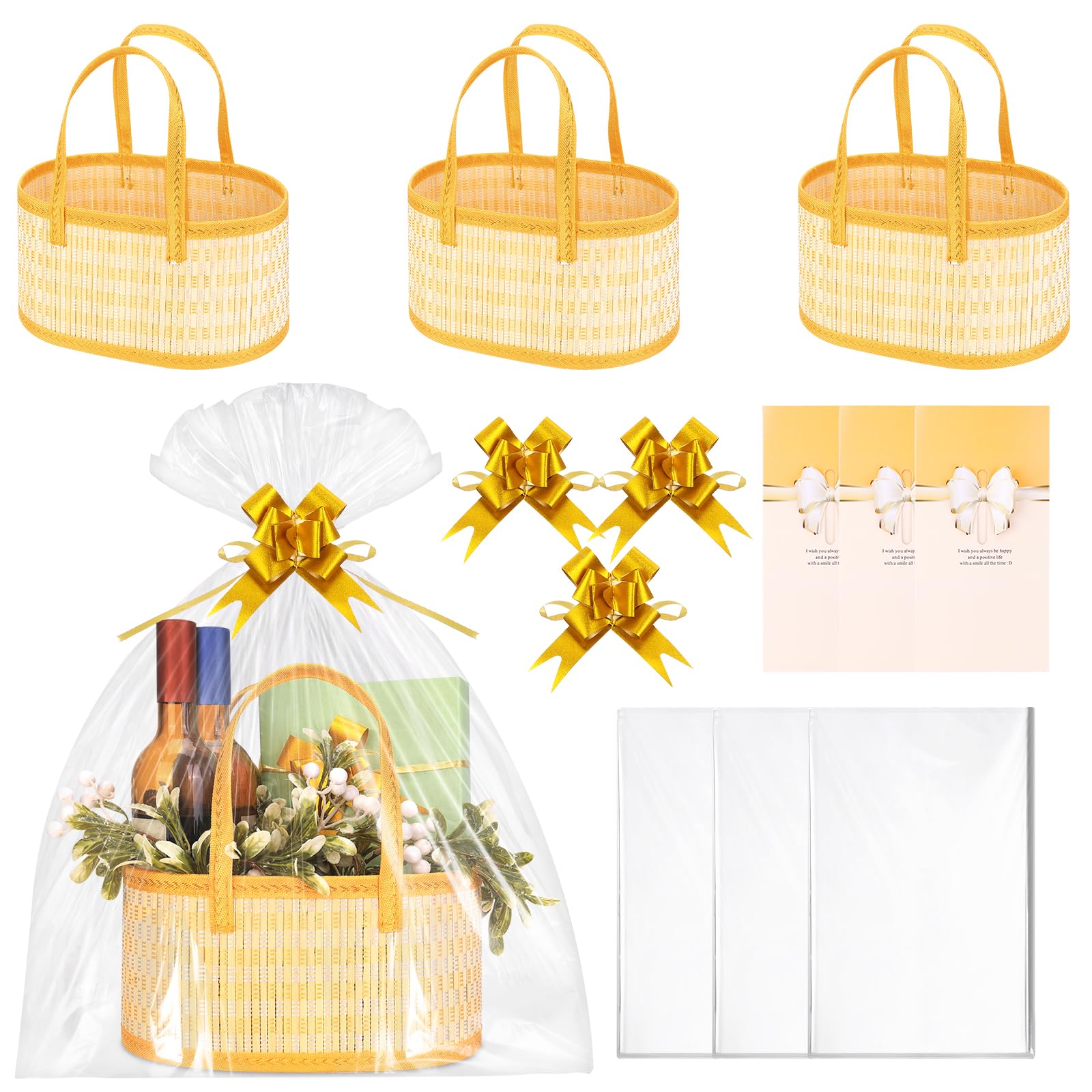 HOMIEE 3 Pcs Empty Hamper Basket Woven Gift Basket Foldable with 3 Pull Bows, 3 Greeting Cards, 3 Wrap Bags Large Hamper Baskets with Handle for Baby Shower, Birthday, Christmas, Party