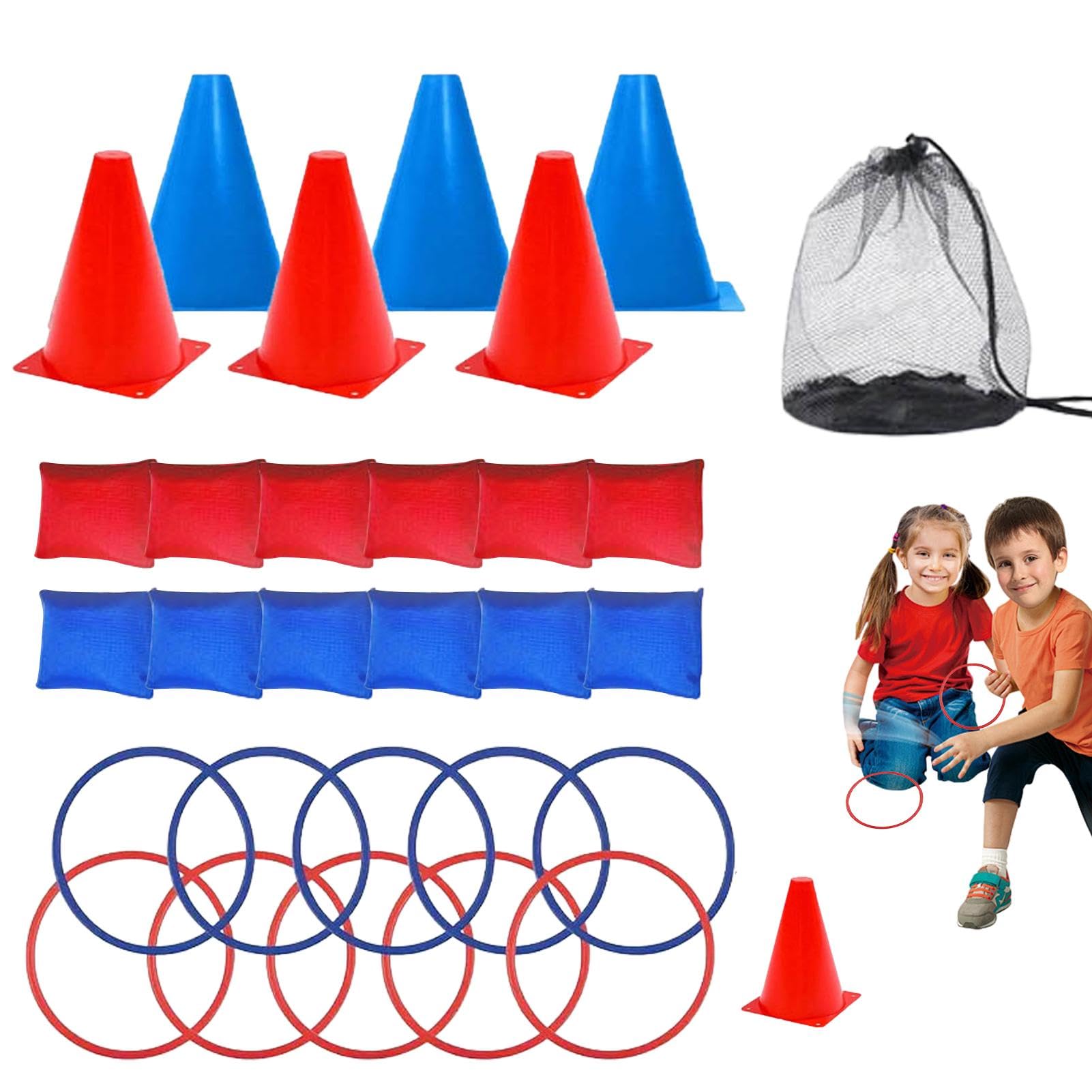 Ensemble De 16 Jouets à Lancer Avec Sac Filet - Anneaux Et Poufs Colorés Pour Enfants