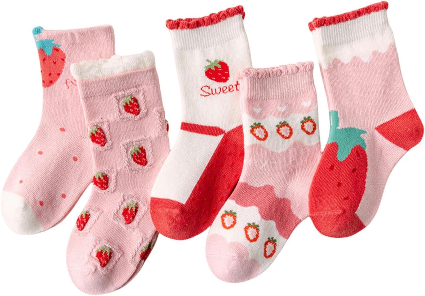 Wintersocken 5 Paar Kindersocken Baumwolle Mädchen Socken Mittelrohr Weich Hautfreundlich Cartoon Bär Plaid-Panda, Purple Flower, XL Code (9-12 Years)
