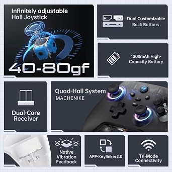 Machenike G3V2 Bluetooth Controller for Pc/Switch/Ios/Android, Hall Effect Joysticks, RGB Lighting Gaming Controller,2 Programmable Buttons,1000mah Battery With Charging Station, Black