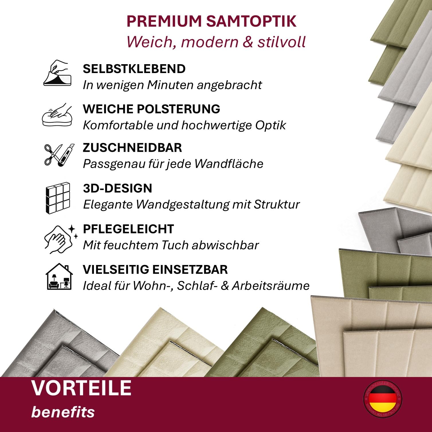 3D Wandpaneele Selbstklebend [SAMTOPTIK] – Gepolsterte Wandverkleidung zum Kleben – Moderne Wandgestaltung für Wohnzimmer, Schlafzimmer, Büro & Gastronomie – 69 x 277 cm Quadrat-Steppung, Grün
