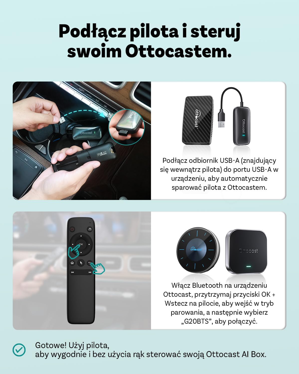 2026 Ulepszony OTTOCAST bezprzewodowy pilot do CarPlay AI Box, Bluetooth 5.0 ręczny kontroler Air Mouse do OttoAibox Play2Video Ultra/E2/I3, łatwe Plug & Play