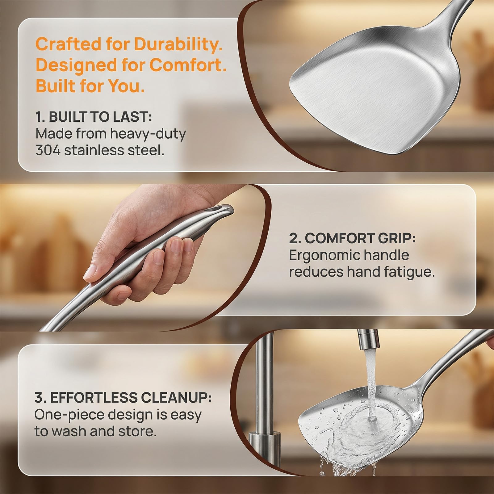 304 Stainless Steel 6 Piece Kitchen Utensils Set, Ergonomic | Anti-Scratch Cookware for Stoves, Long Handle, Heat Resistant, Dishwasher Safe, Ideal for Wok & Cooking