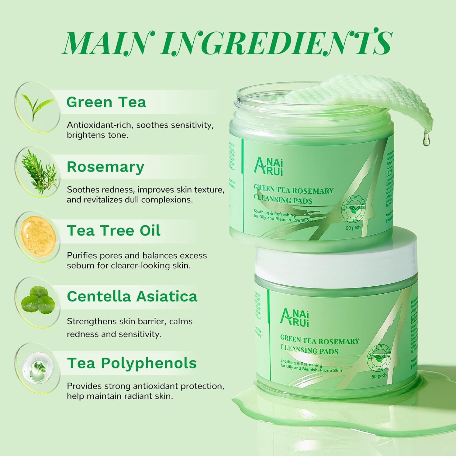 ANAI RUI Green Tea Rosemary Cleansing Pads with CICA Tea Tree Oil, Face Scrub Pads with Bubbles, Exfoliating Deep Cleansing Pad for Face and Body, Make-up Remover Wipes, 50pcs - Image 3
