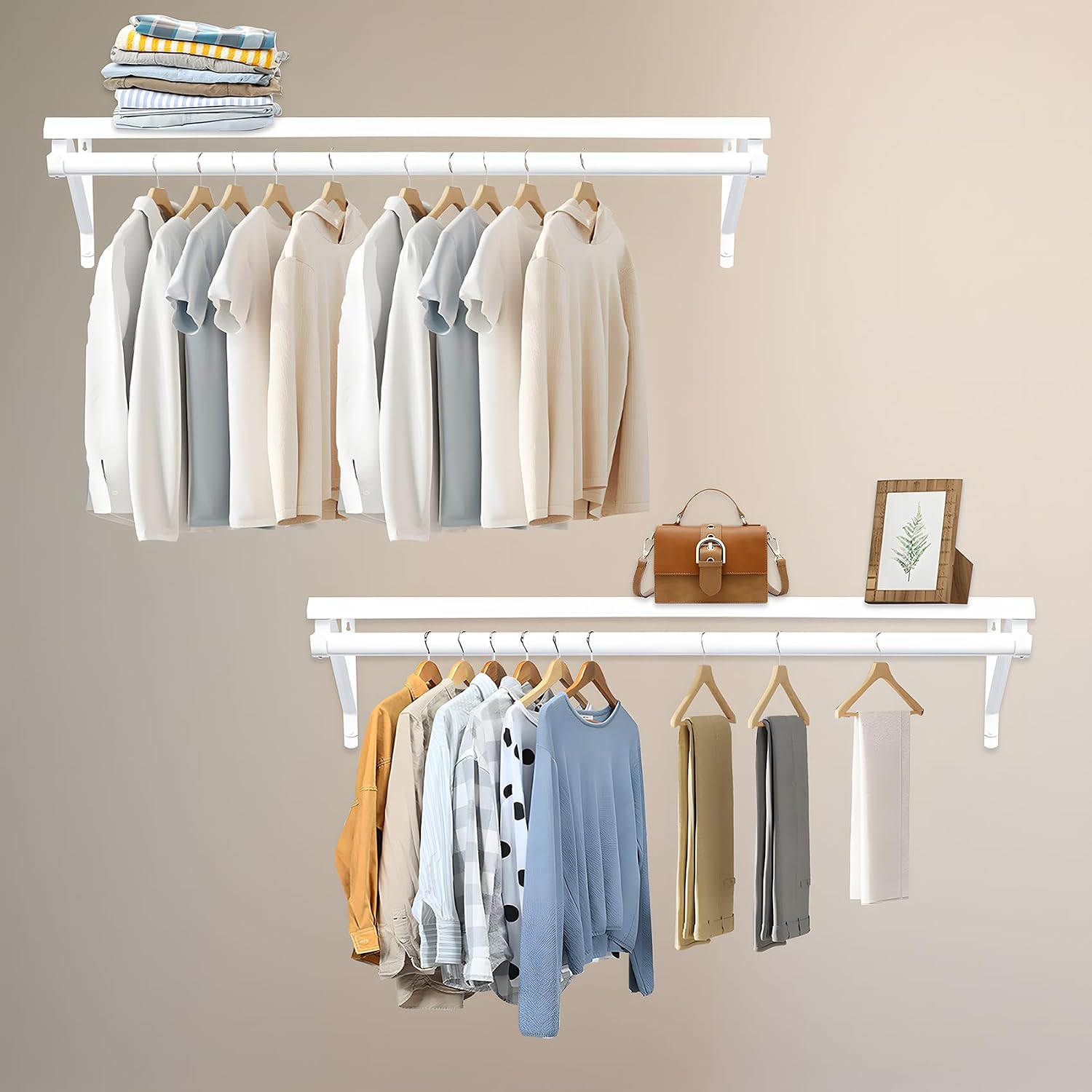 2 packs closet rack with hanging rod, 47.2in wall mounted clothes rack with top shelf, walk in clothing system, heavy duty shelf hanging rod for laundry room, closet storage, garage