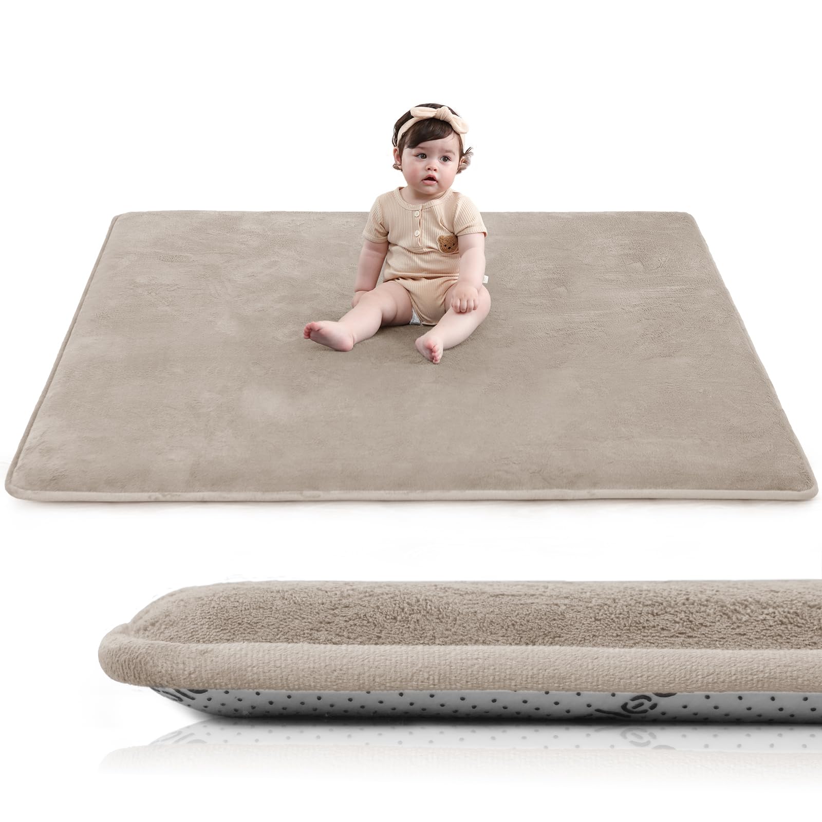Baby Play Mat for Floor,1.3" Thick Elasti-Foam 50"×50" Playpen Mat for Tummy Time,Water Repellent Soft Coral Velvet for Toddler,Infant,Kids,Non-Slip Backing Safe for Crawling(Beige) Beige 50"×50"×1.3"