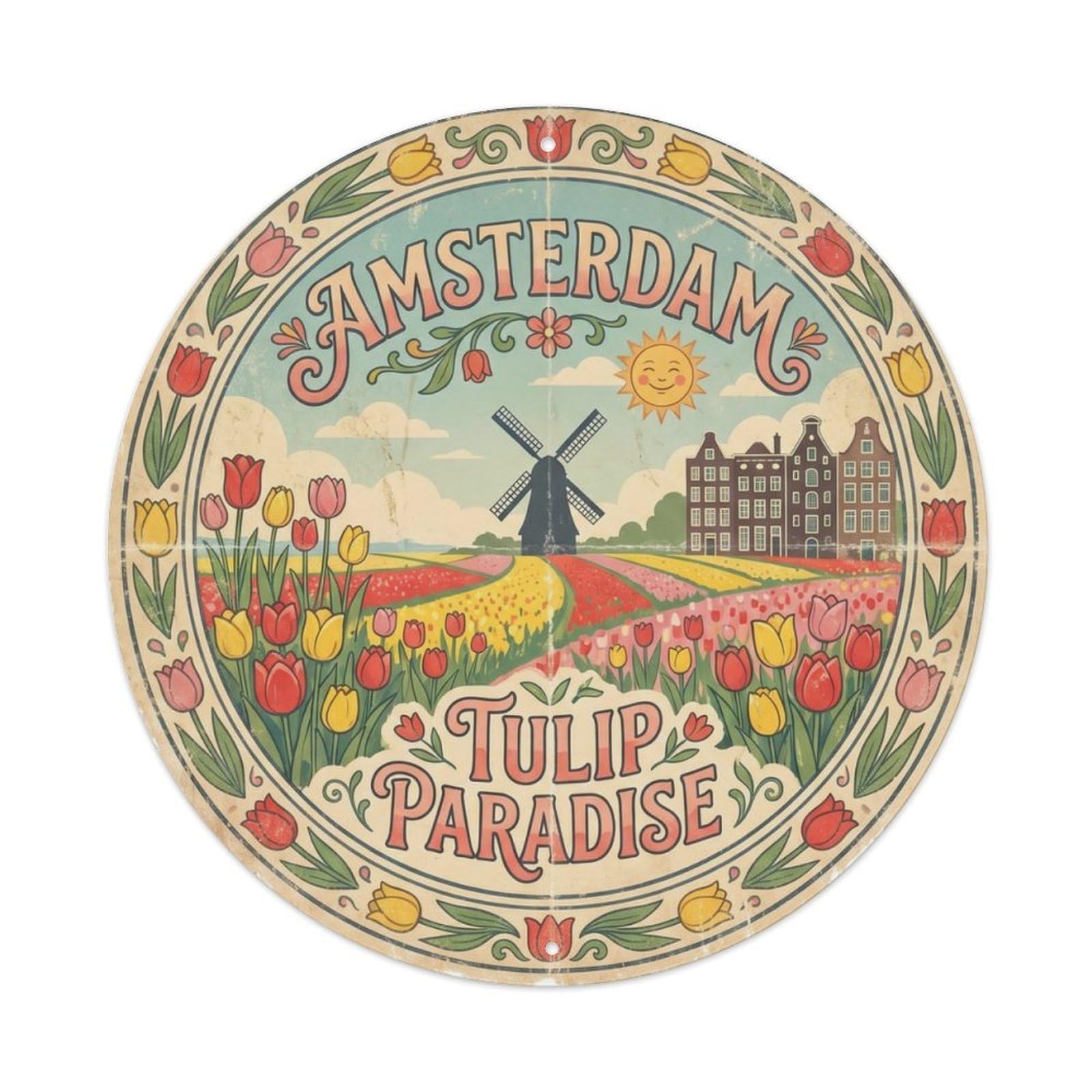 Vintage Travel Tulips Amsterdam Netherlands Metal Tin Sign Plaque Wall Decor for Cafe, Club Bar, Office, Home Garden Round Metal Poster 8x8Inch