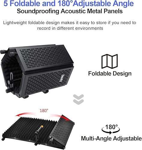 Miniatura 2 de Dmsky Escudo de aislamiento de micrófono de grabación con filtro pop y soporte para trípode, protector de micrófono plegable con triple aislamiento