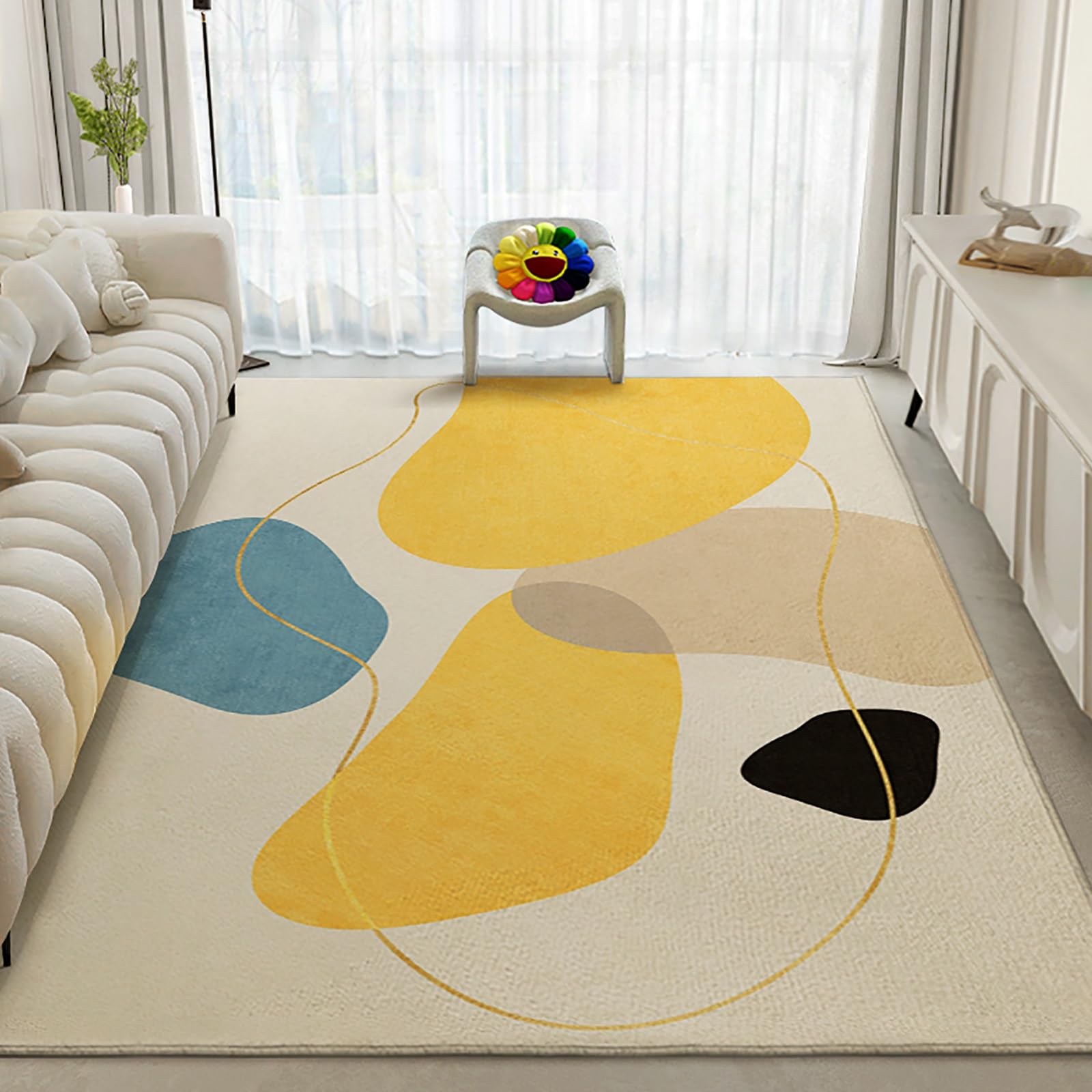 Alfombra geométrica de pelo bajo para salón con base antideslizante lavable