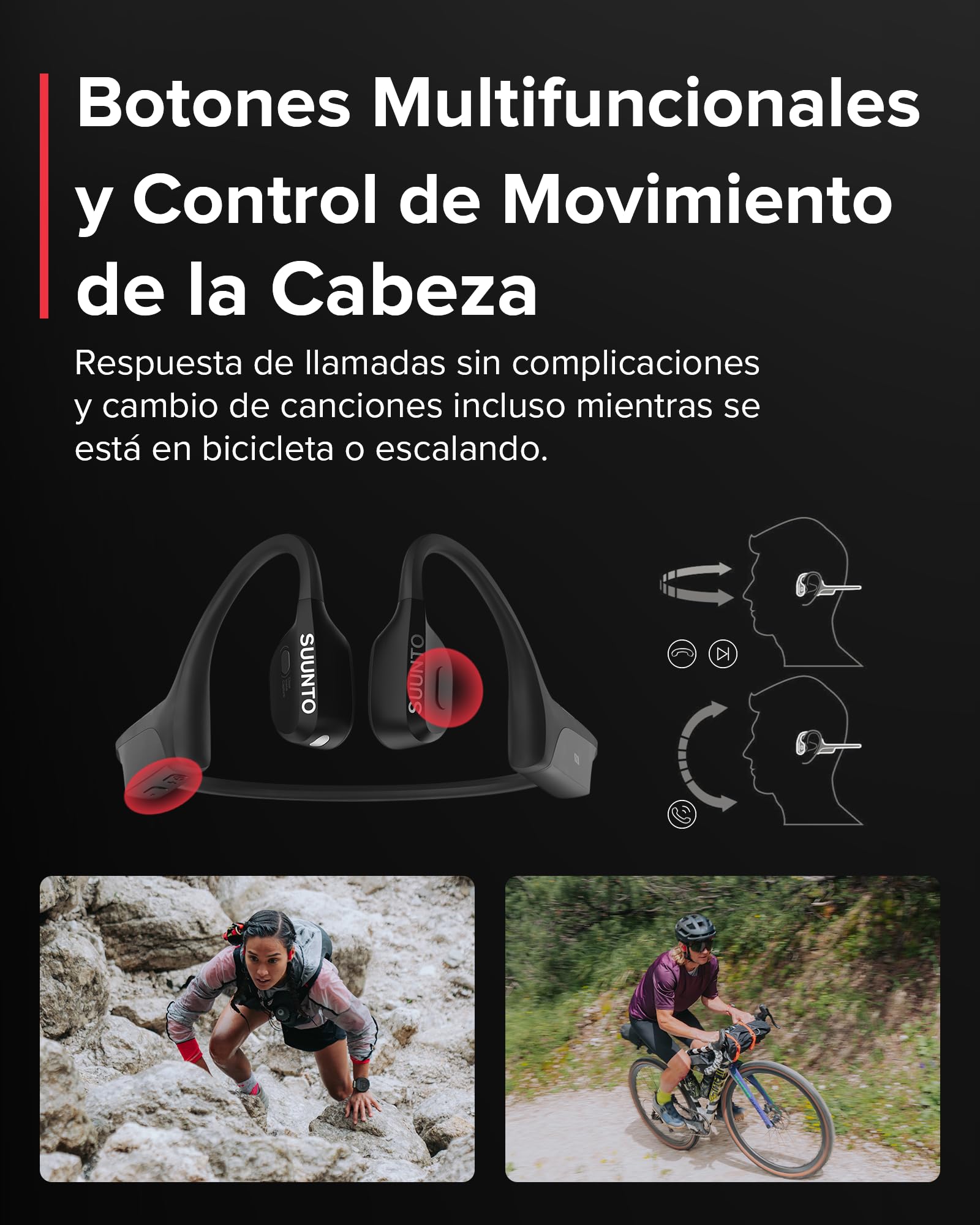 Suunto Wing Open-Ear Auriculares Conducción Ósea, Auriculares Deportivos Inalámbricos Bluetooth, Control Movimiento Cabeza, Micrófono HD Incorporado, Resistente al Desgaste IP67, Luces Seguridad
