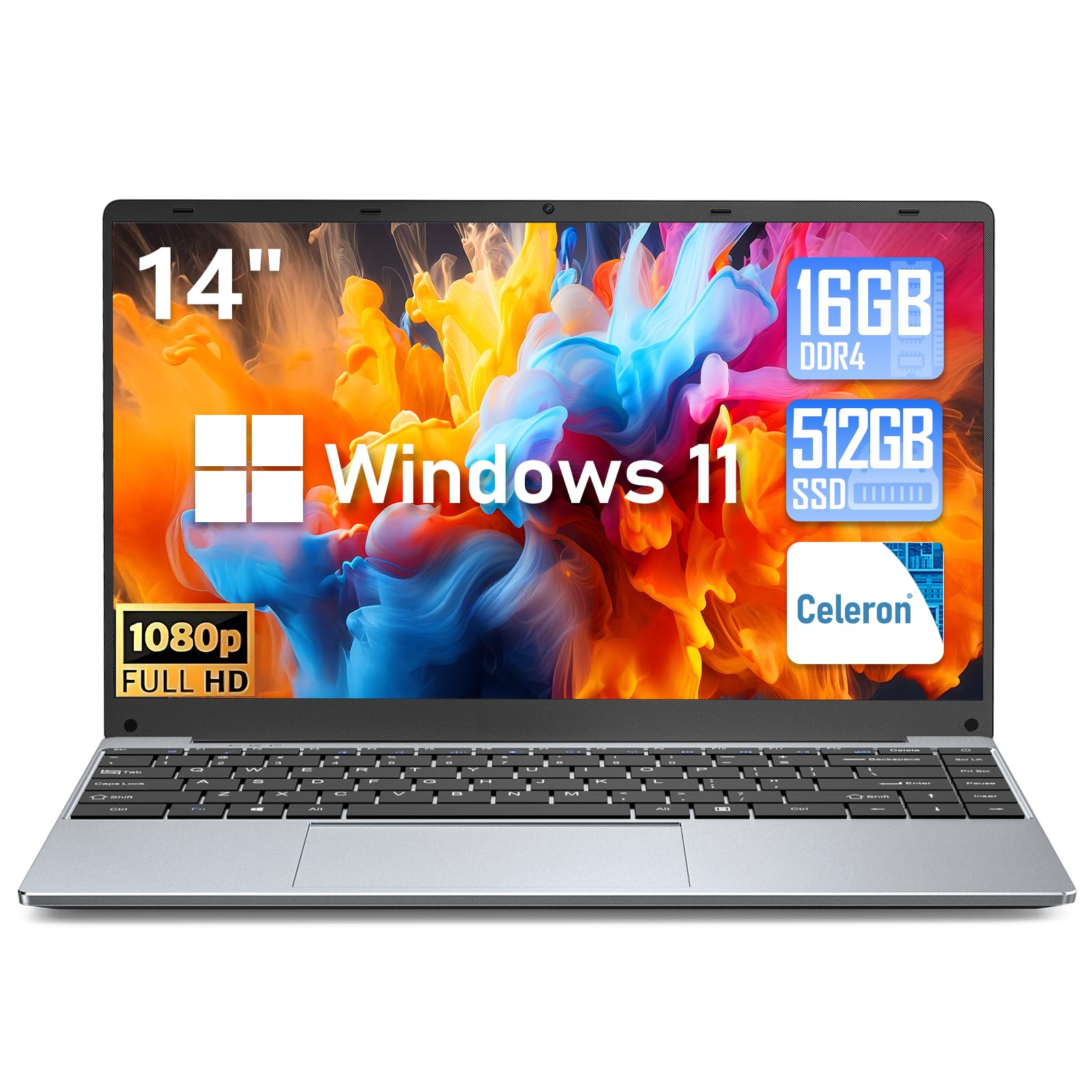 FUNYET Ordinateur Portable 14.1 Pouces 16GB RAM 512GB SSD, Ordinateur Portable Windows 11 jusqu'à 2,9GHz IPS FHD 1920x1080, USB HDMI Bluetooth Rotation à 180°