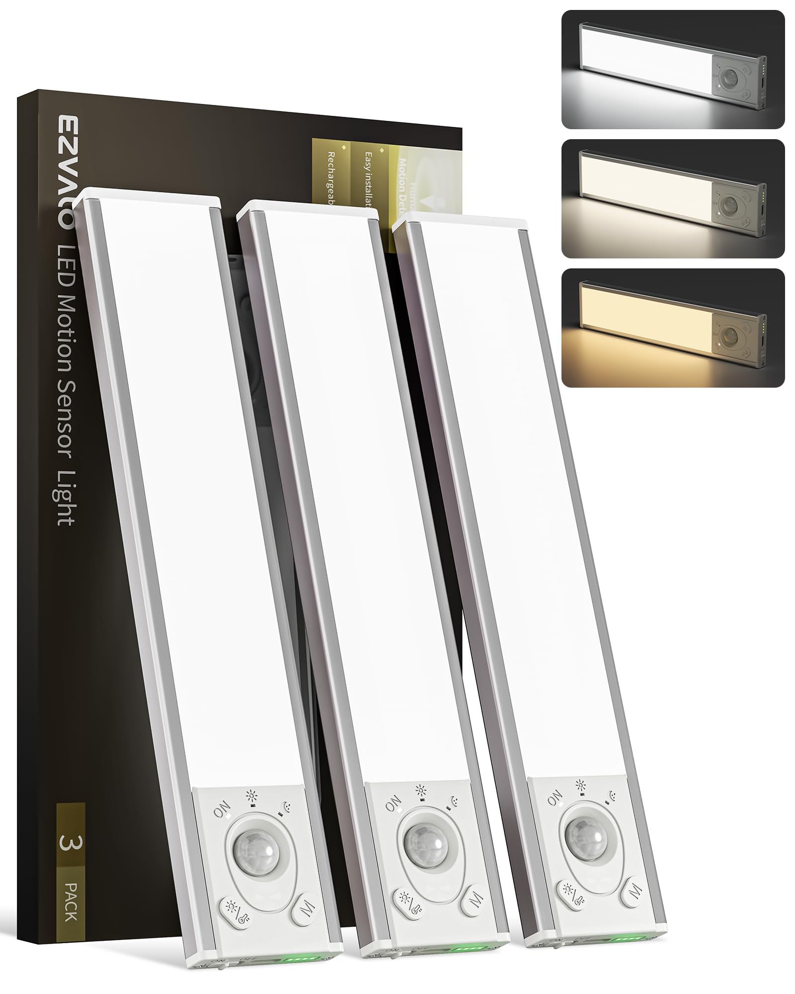 EZVALO 3 Pack 7.9" Under Cabinet Lights, Rechargeable Motion Sensor LED Lights, 3 Colour Dimmable, Power Indicator, Magnetic Wireless Closet Lights for Kitchen Stairs (3, White, 7.9inch)