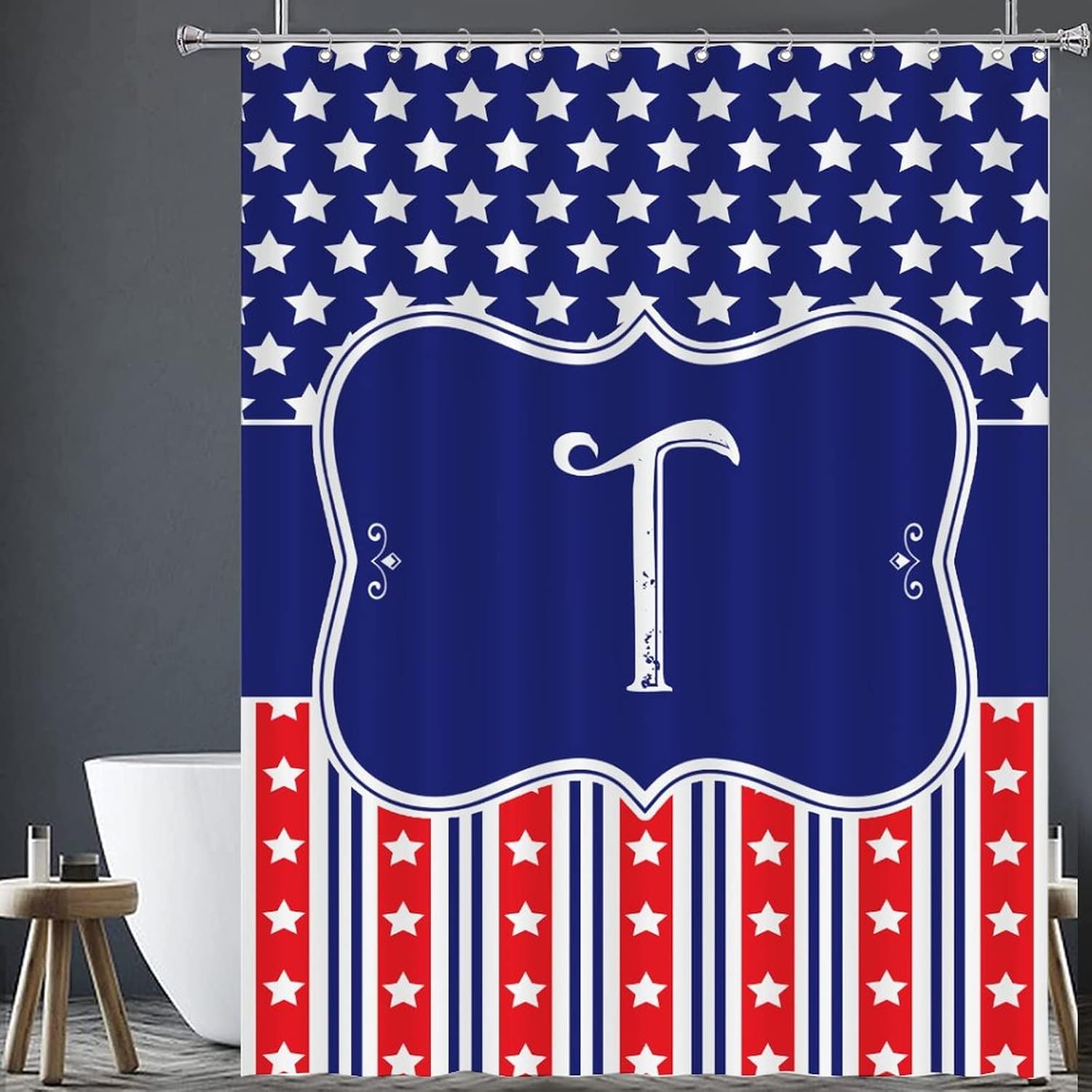 Monogram Initial Letter T Cute Shower Curtain, Patriotic Party Supplies Bathroom Curtain for Bathroom Showers And Bathtubs 72x90 Inch Easy Care Machine Washable Durable Polyester Fabric Hooks Include