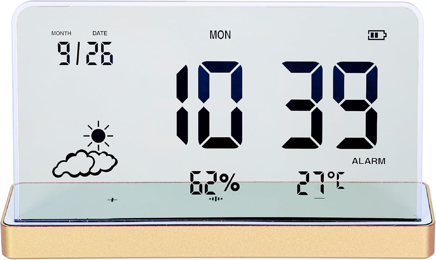 ClocTeck Transparent Digital Alarm Clock displaying time, date, temperature, and humidity.