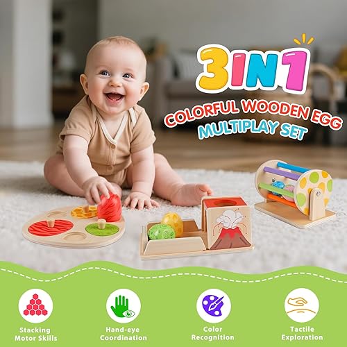 Miniatura 2 de Juguetes Montessori para niños de 6 meses, juguetes de madera para bebés de 6, 7, 8, 9 meses de edad, juguete de bola de huevo de dinosaurio,