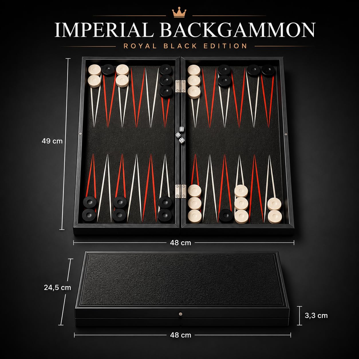 PrimoLiving Deluxe Backgammon en Bois Impérial Royal-Black XXL - 48 x 49 cm - Terrain de Jeu et Couvercle recouverts de Similicuir Fin
