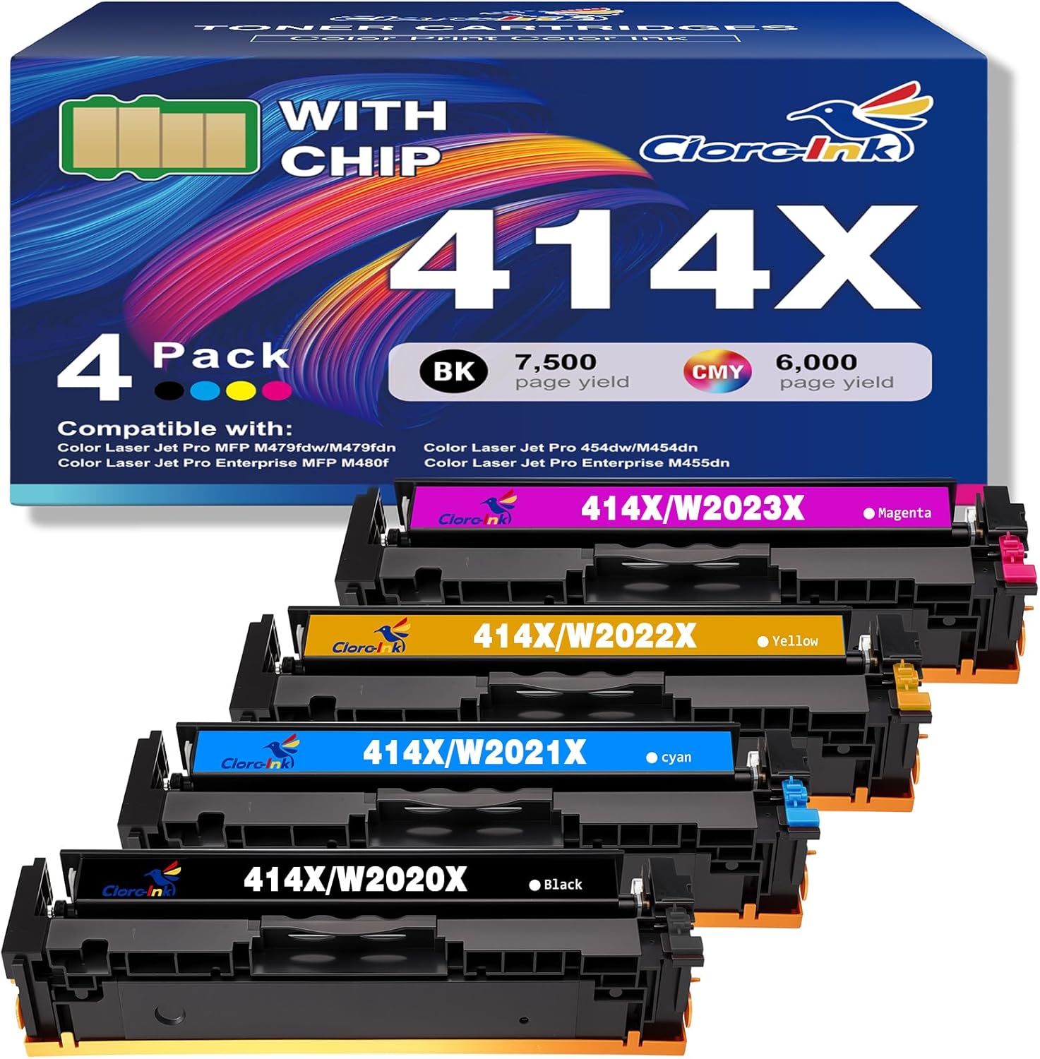 414X Toner Cartridges 4 Pack with Chip Replacement for HP 414A 414X W2020X W2020A for Color LaserJet Pro MFP M479fdw M479fdn M454dw M454dn LaserJet M479 M454 Printer(B/C/Y/M Color)
