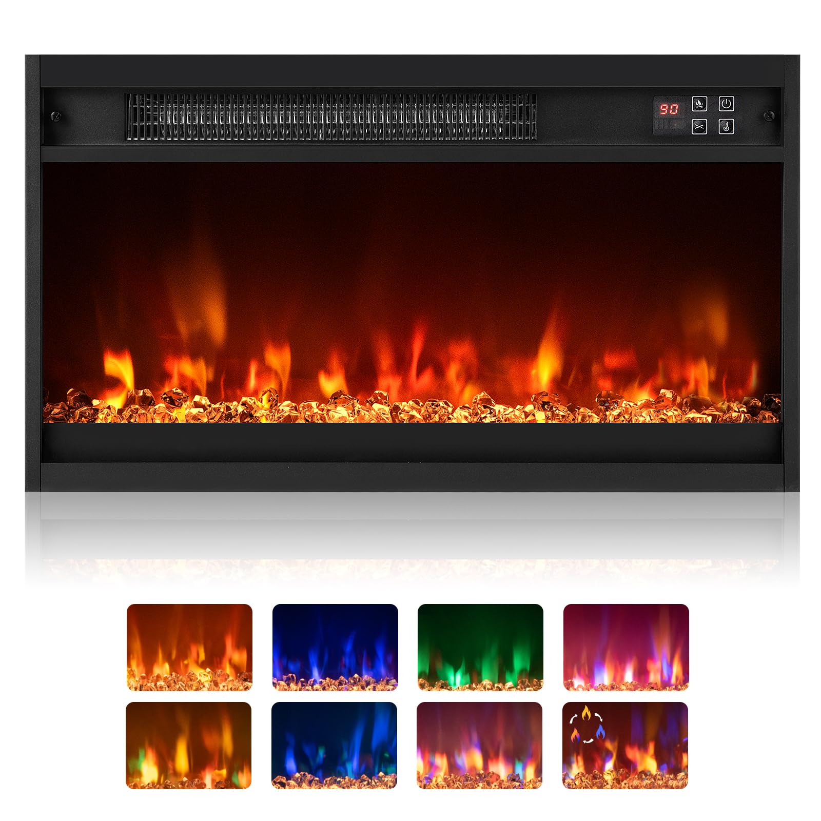 SOARS Camino Elettrico 1500W, Caminetto Elettrico con Effetto Fiamma LED a 8 Colori, 3 Livelli di Luminosità,17-32℃, Protezione Anti Surriscaldamento, Telecomando (60,9 X 11,8 X 34,2 CM)
