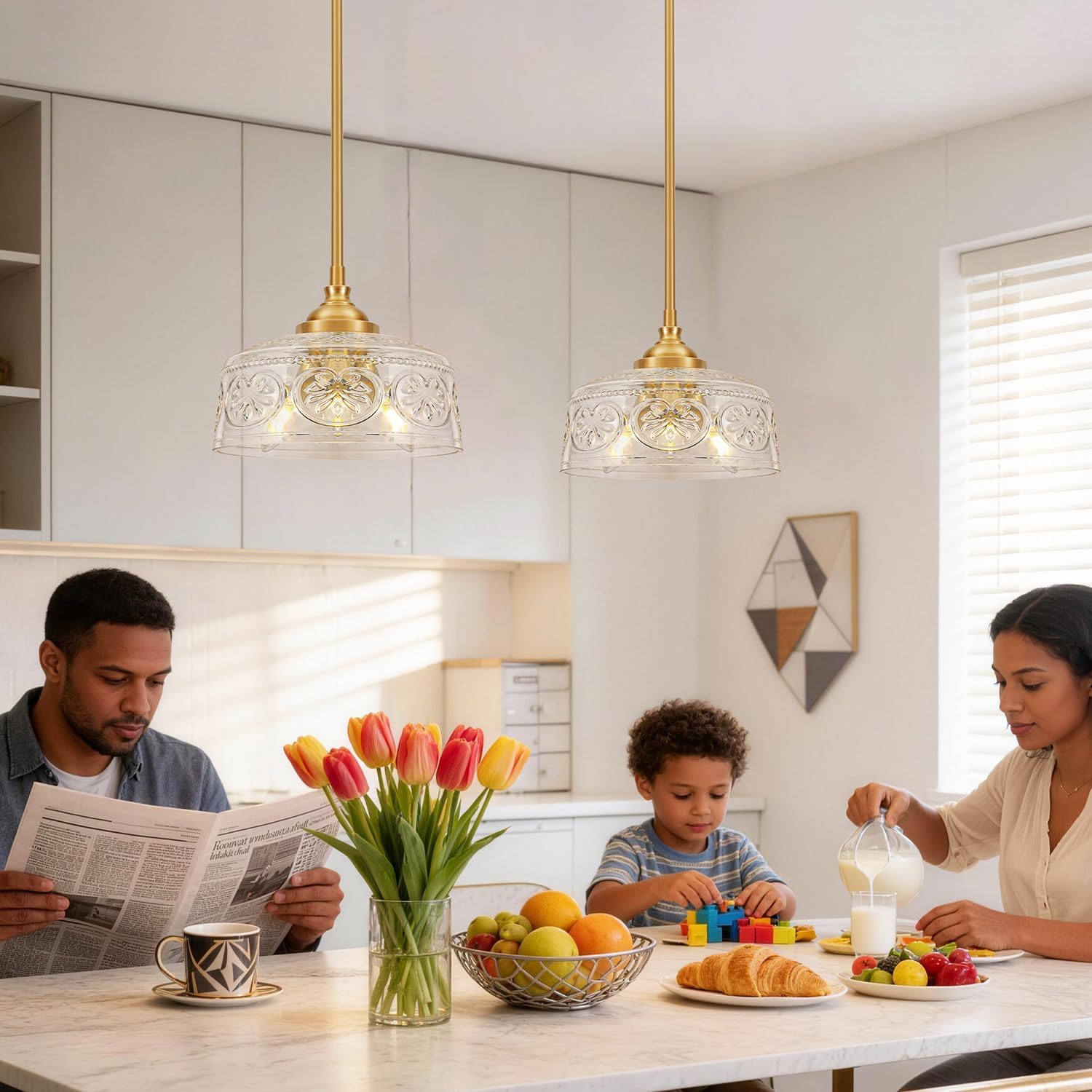 Vintage 3-Light Pendant Light With Embossed Glass Shade, Farmhouse Brushed Gold Pendant Lights Kitchen Island, 2-in-1 Adjustable Hanging & Semi-Flush Mount for Bathroom,Dining Room,Bedroom,Hallway,E12