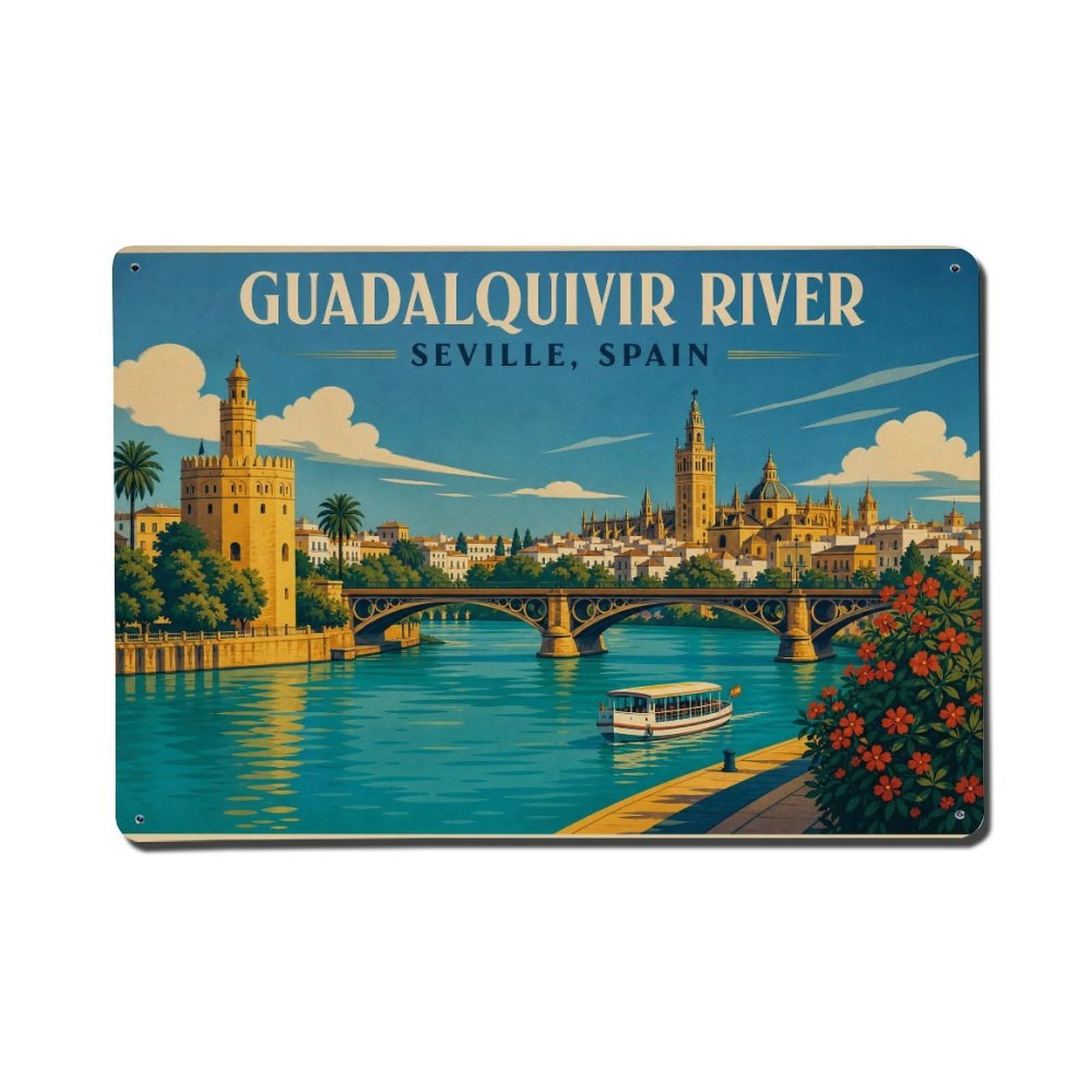 Vintage Travel Guadalquivir River Seville Waterfront View Metal Tin Sign