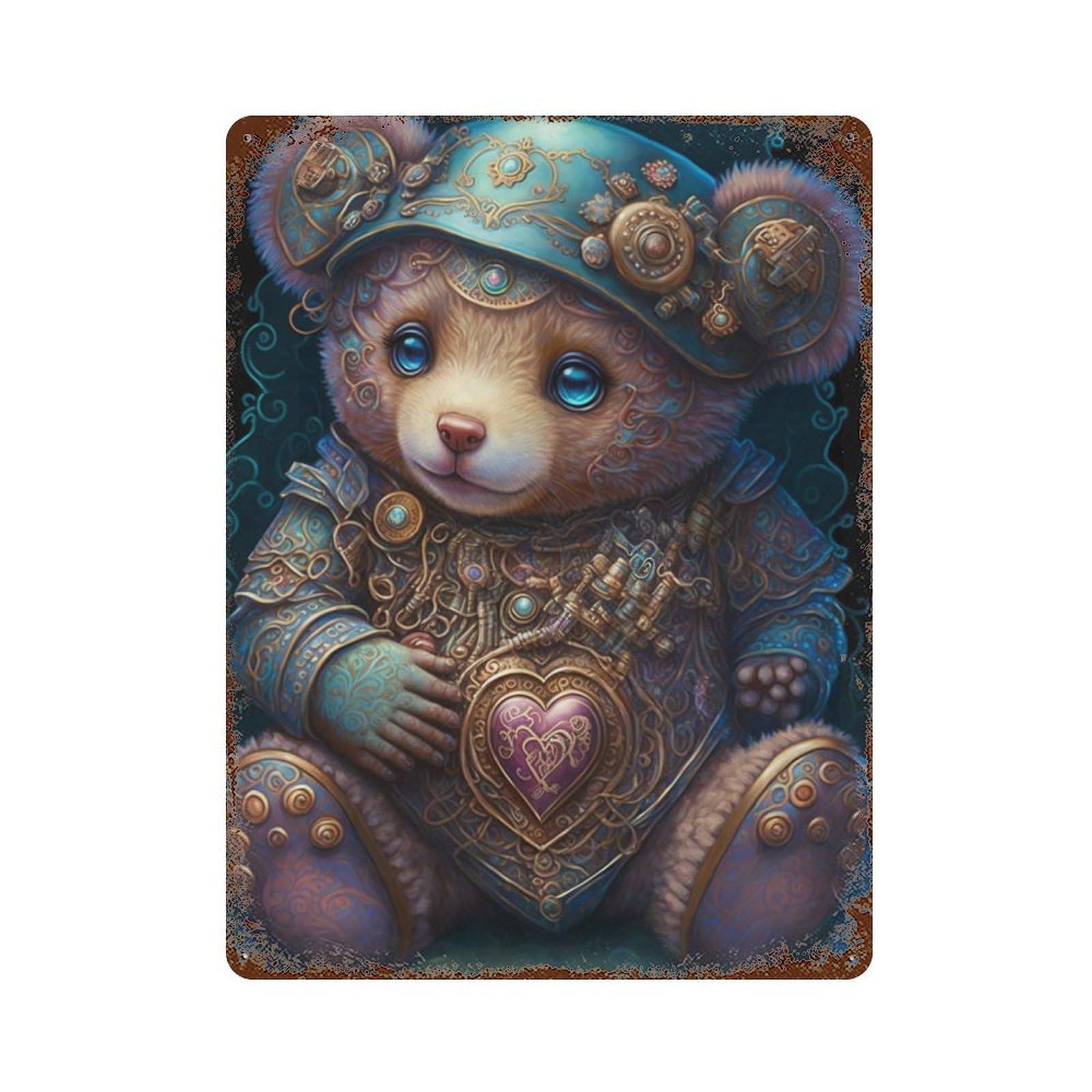 Steampunk Teddy Bear with Heart Rusty Metal Tin Sign 15.7"x11.8", Vintage Wall Decor for Garage, Pub Or Kitchen