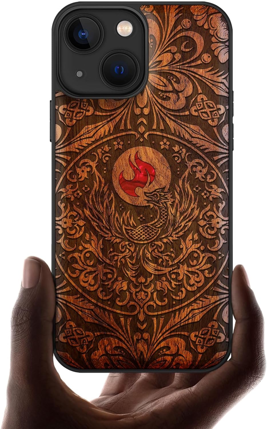Carveit Designer Wooden Protective Case for iPhone 13 Mini Magnetic Cover [Wood Engraving & Shell Inlay] Compatible with 13 Mini MagSafe (Phoenix in Symmetry-Rosy)