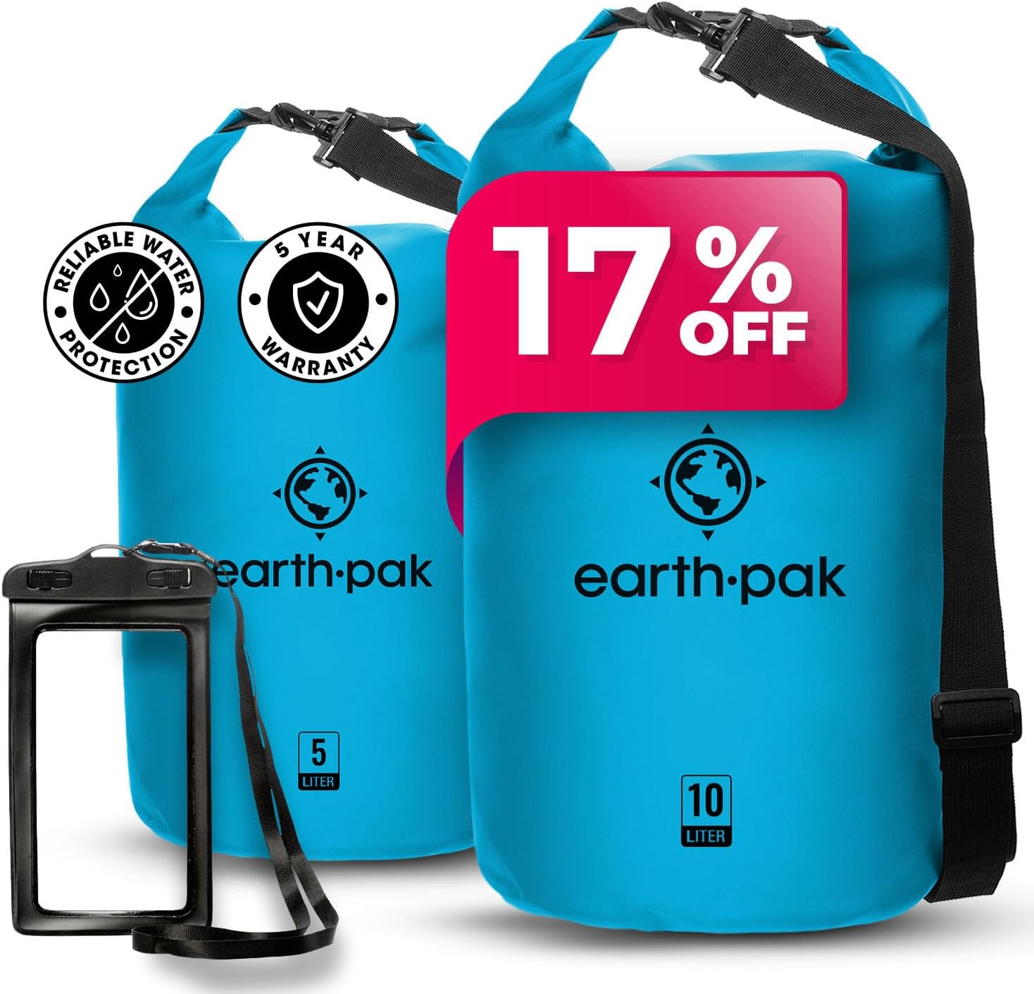 Earth Pak Waterproof Dry Bag - Roll Top Waterproof Backpack Light Blue 5L & 10L