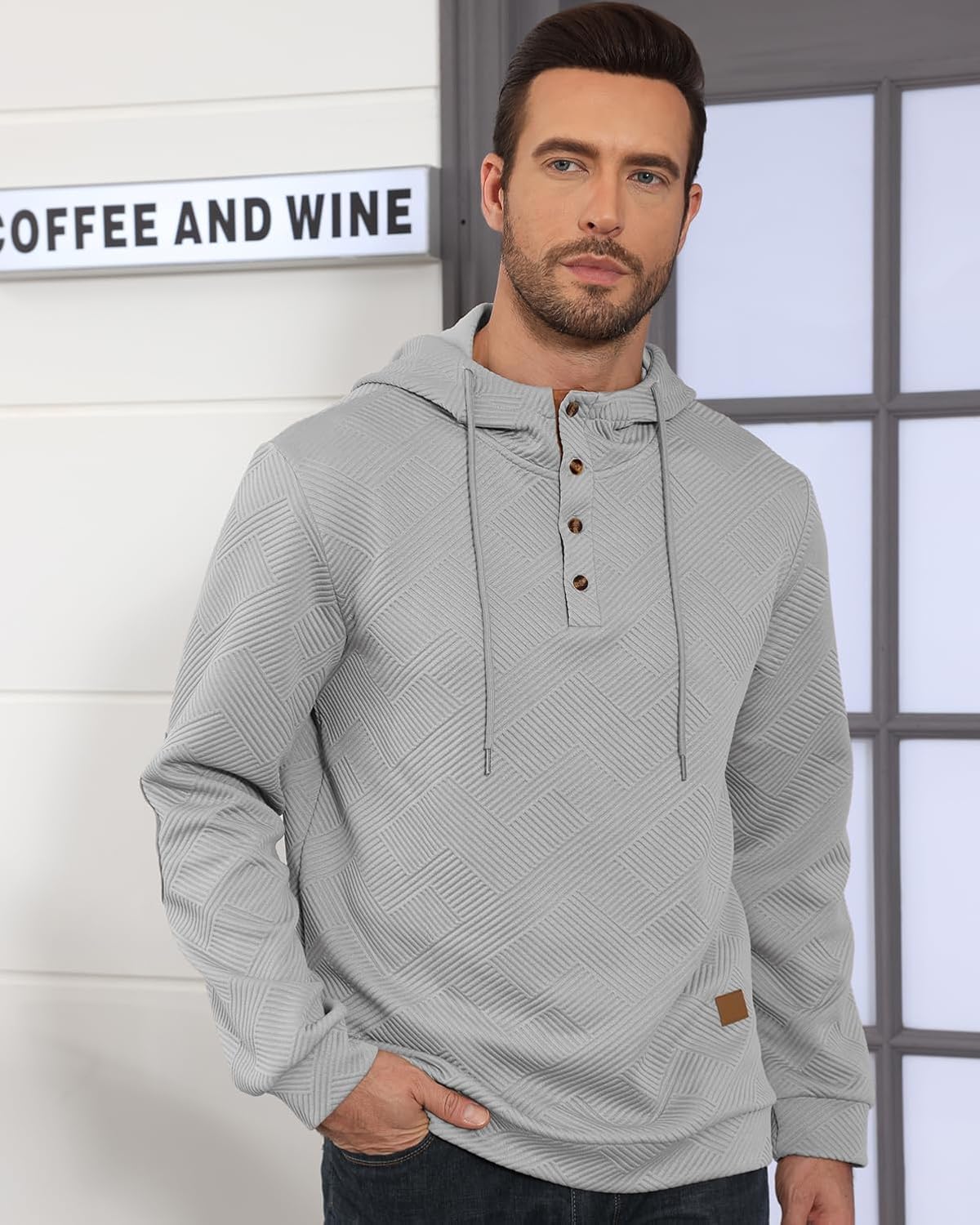 Ryehack Men's Hoodies Pullover Casual Long Sleeve Stand Collar Button Pullover Sweatshirts Color Block Pullover - Image 2